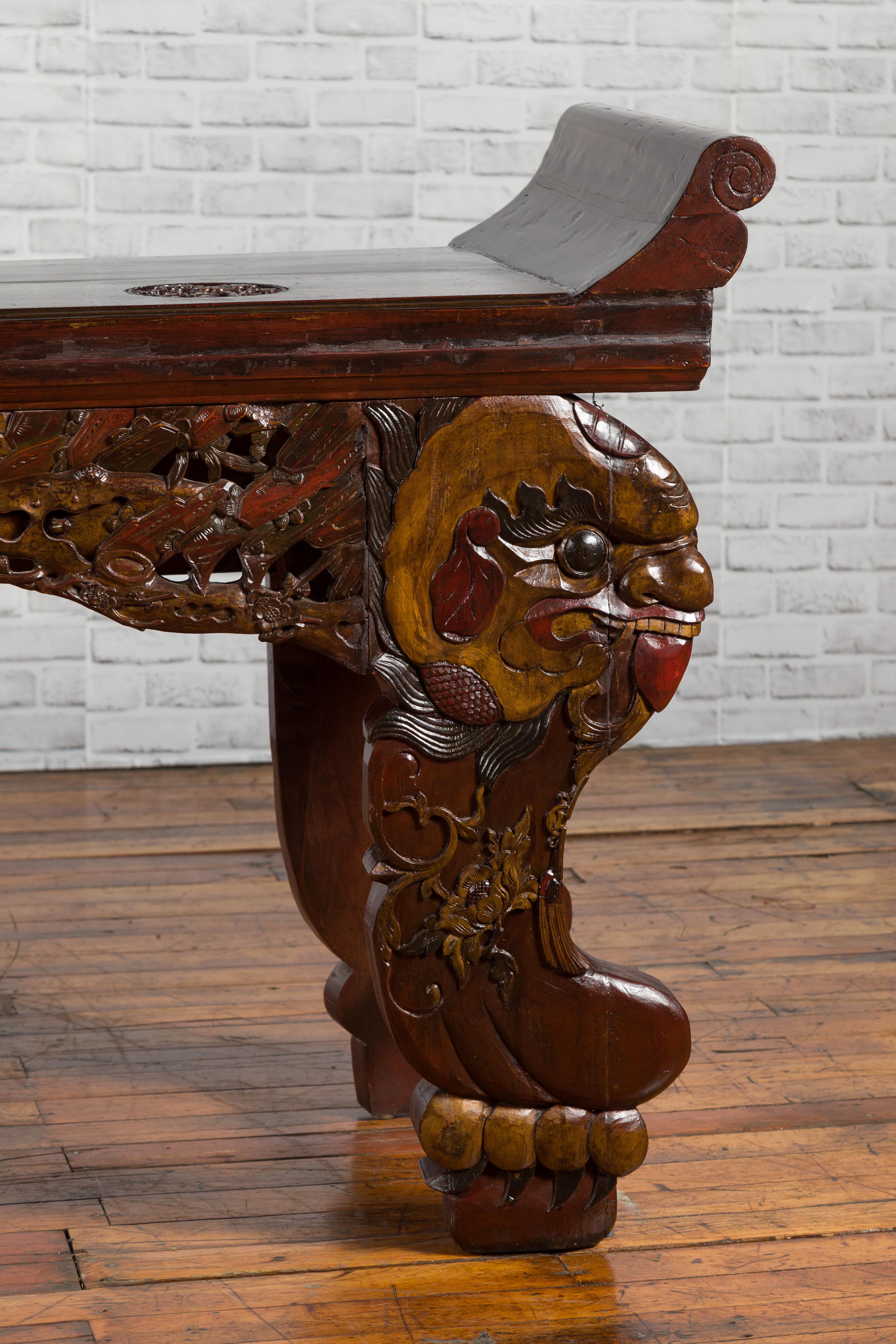 Wood Chinese Qing Dynasty 19th Century Carved Console Table with Mythical Animals For Sale