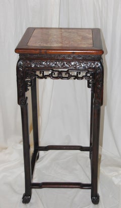 Chinese Qing Dynasty 19th Century Carved Hardwood with Marble Inset Stand