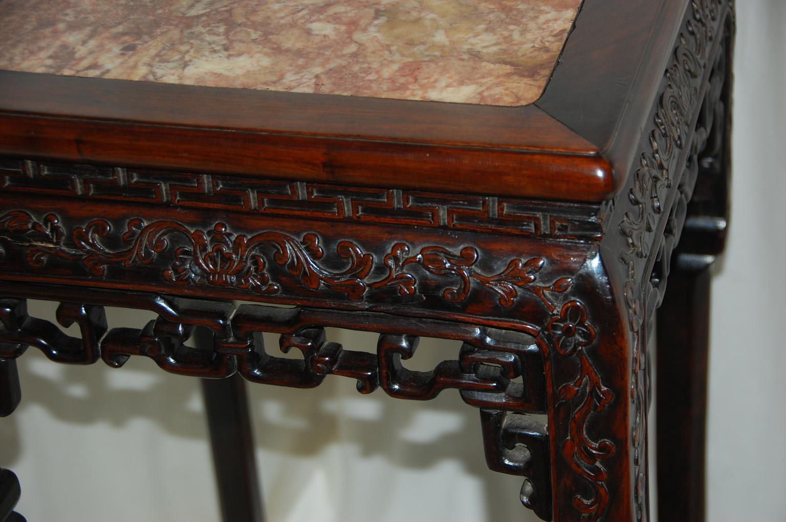 Hand-Carved Chinese Qing Dynasty 19th Century Carved Hardwood with Marble Inset Stand For Sale
