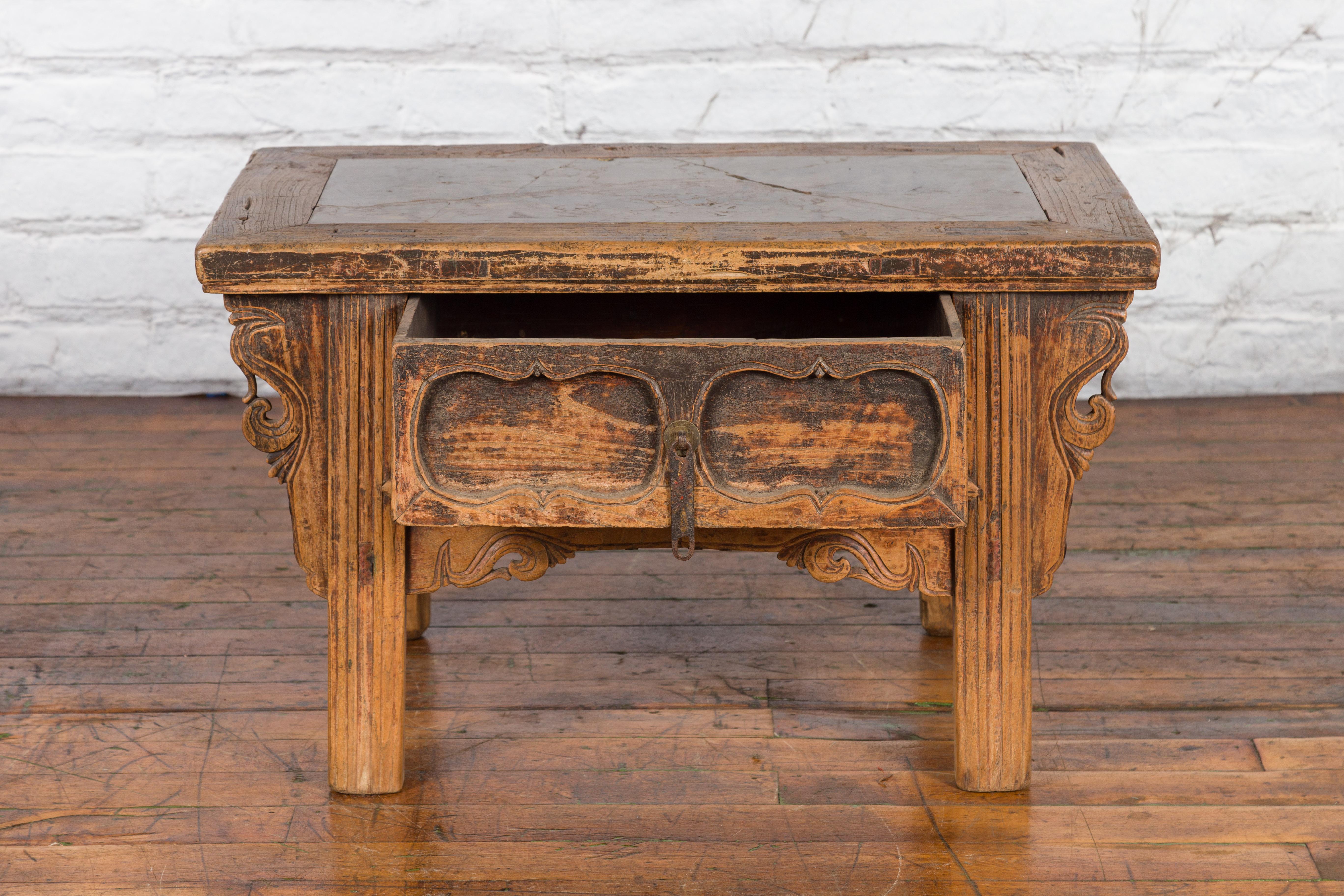 Chinese Qing Dynasty 19th Century Carved Low Elm Table with Ming Stone Inset For Sale 8