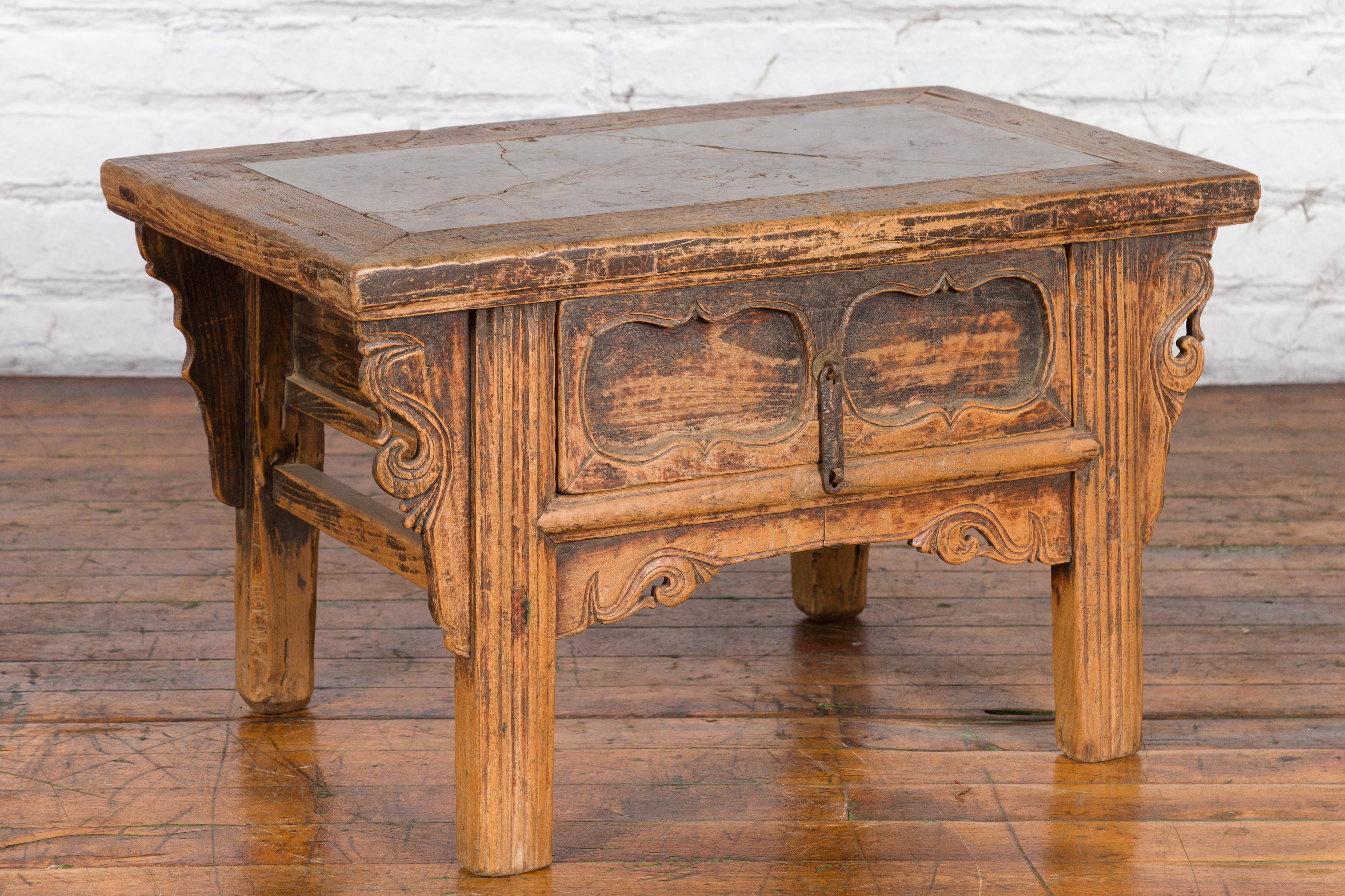 Chinese Qing Dynasty 19th Century Carved Low Elm Table with Ming Stone Inset For Sale 9