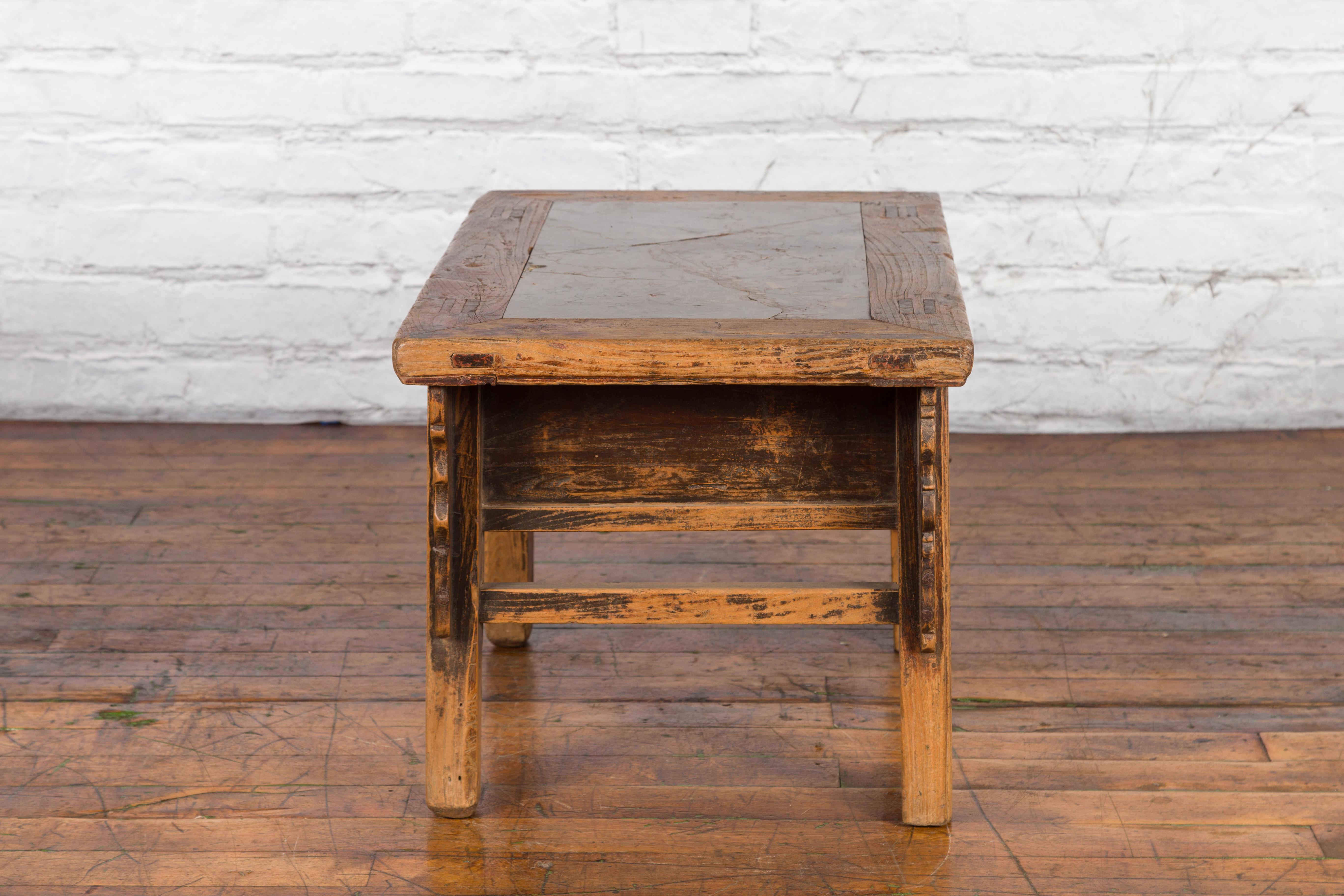 Chinese Qing Dynasty 19th Century Carved Low Elm Table with Ming Stone Inset For Sale 10