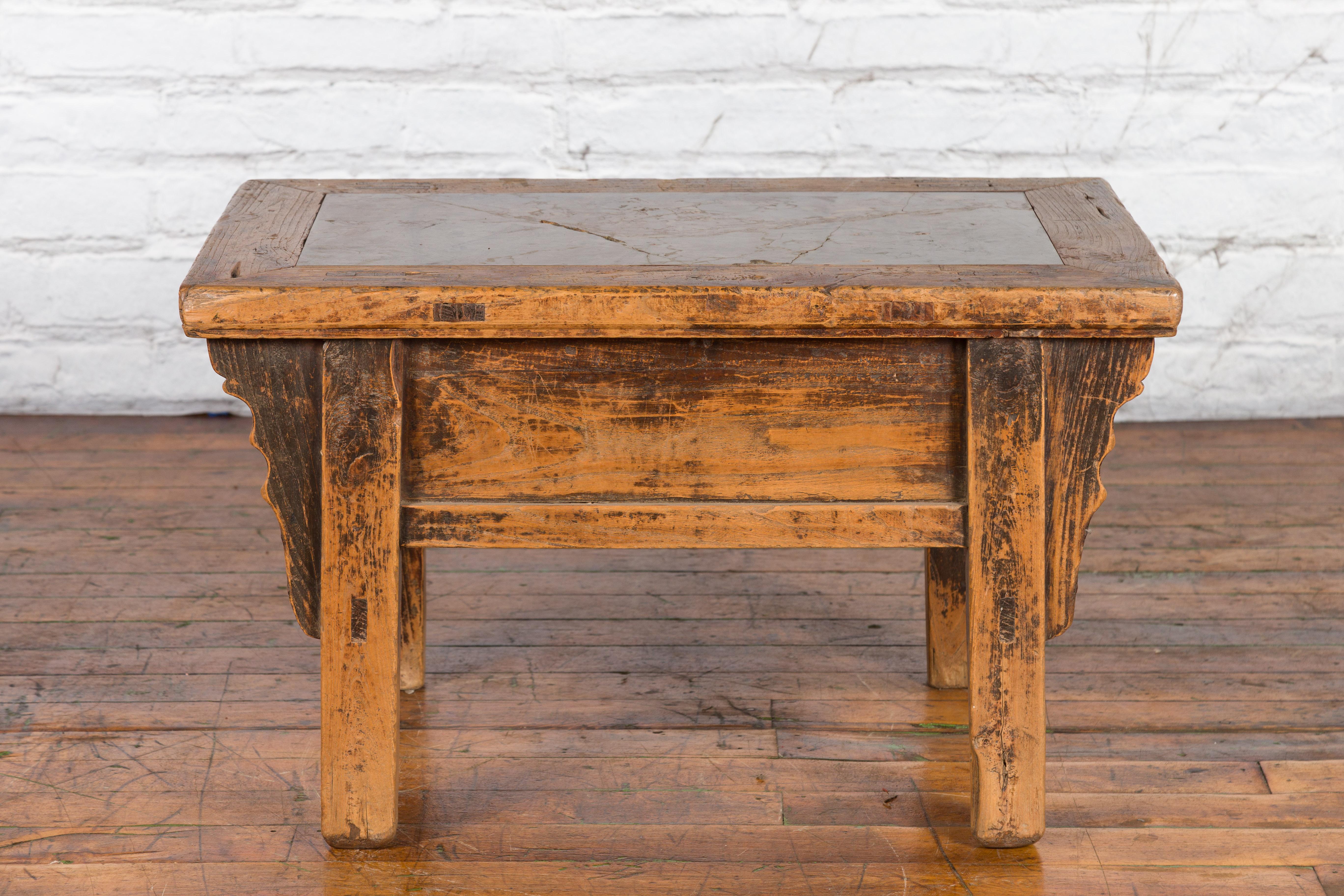 Chinese Qing Dynasty 19th Century Carved Low Elm Table with Ming Stone Inset For Sale 11