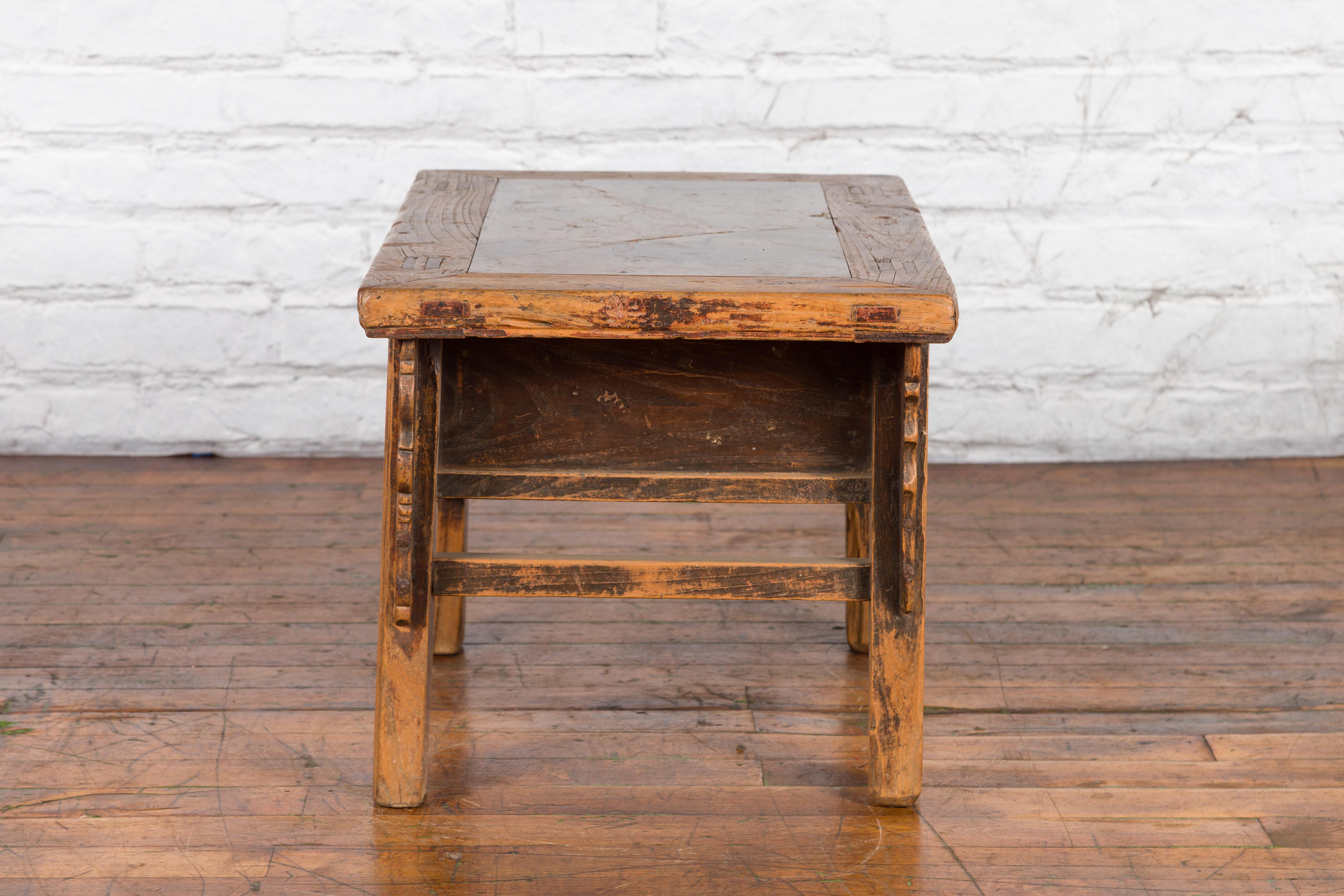 Chinese Qing Dynasty 19th Century Carved Low Elm Table with Ming Stone Inset For Sale 12