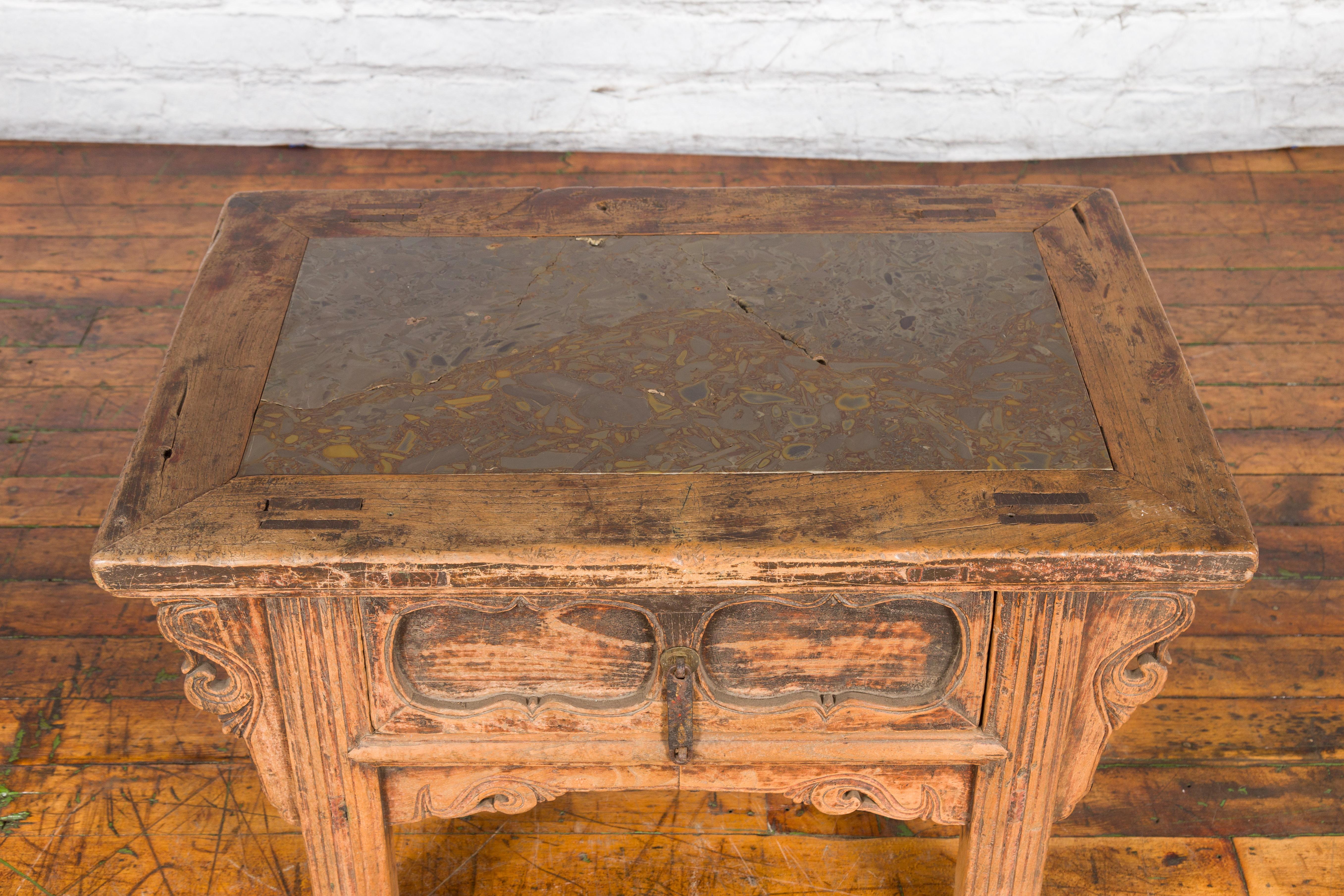 Chinese Qing Dynasty 19th Century Carved Low Elm Table with Ming Stone Inset For Sale 1