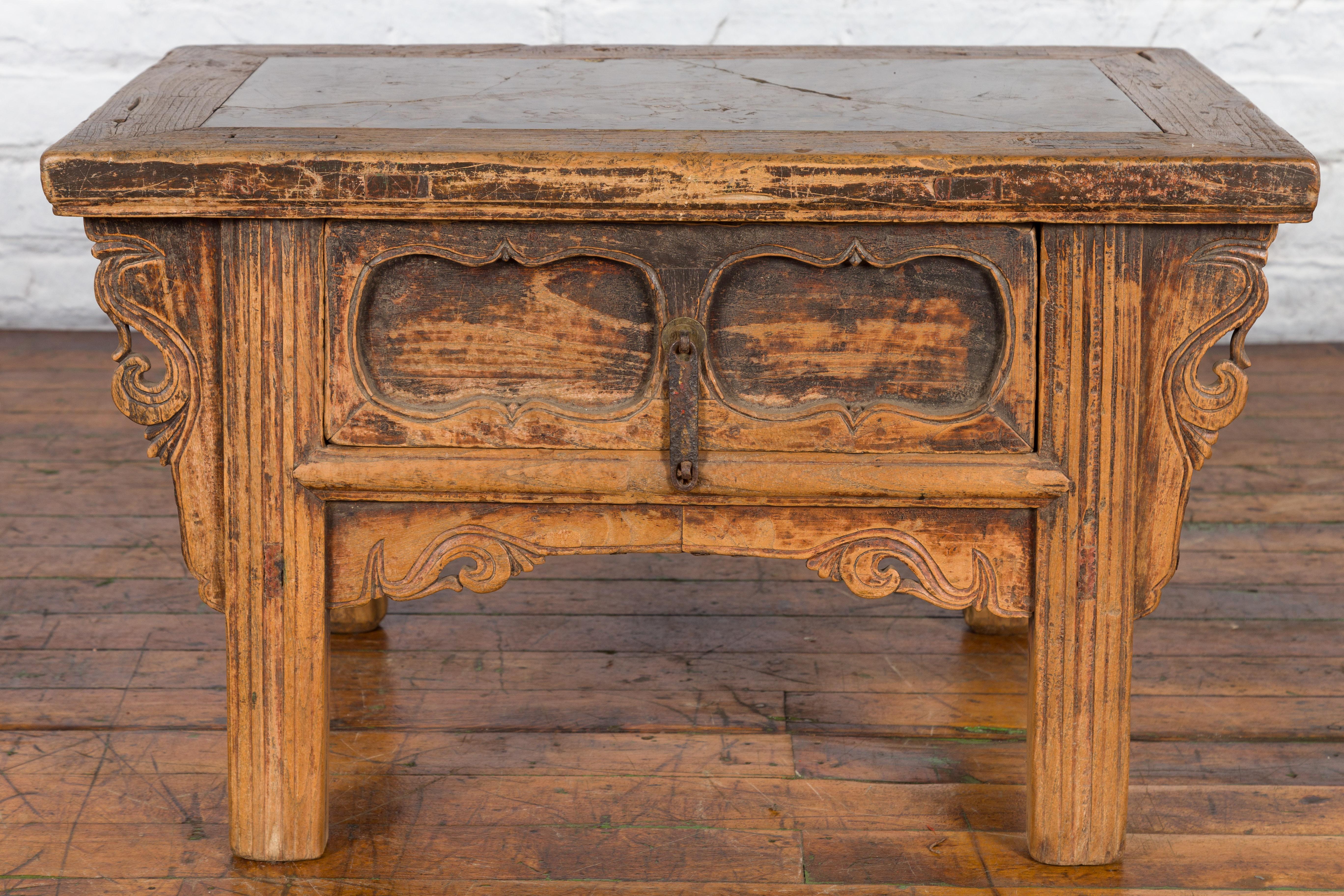 Chinese Qing Dynasty 19th Century Carved Low Elm Table with Ming Stone Inset For Sale 3