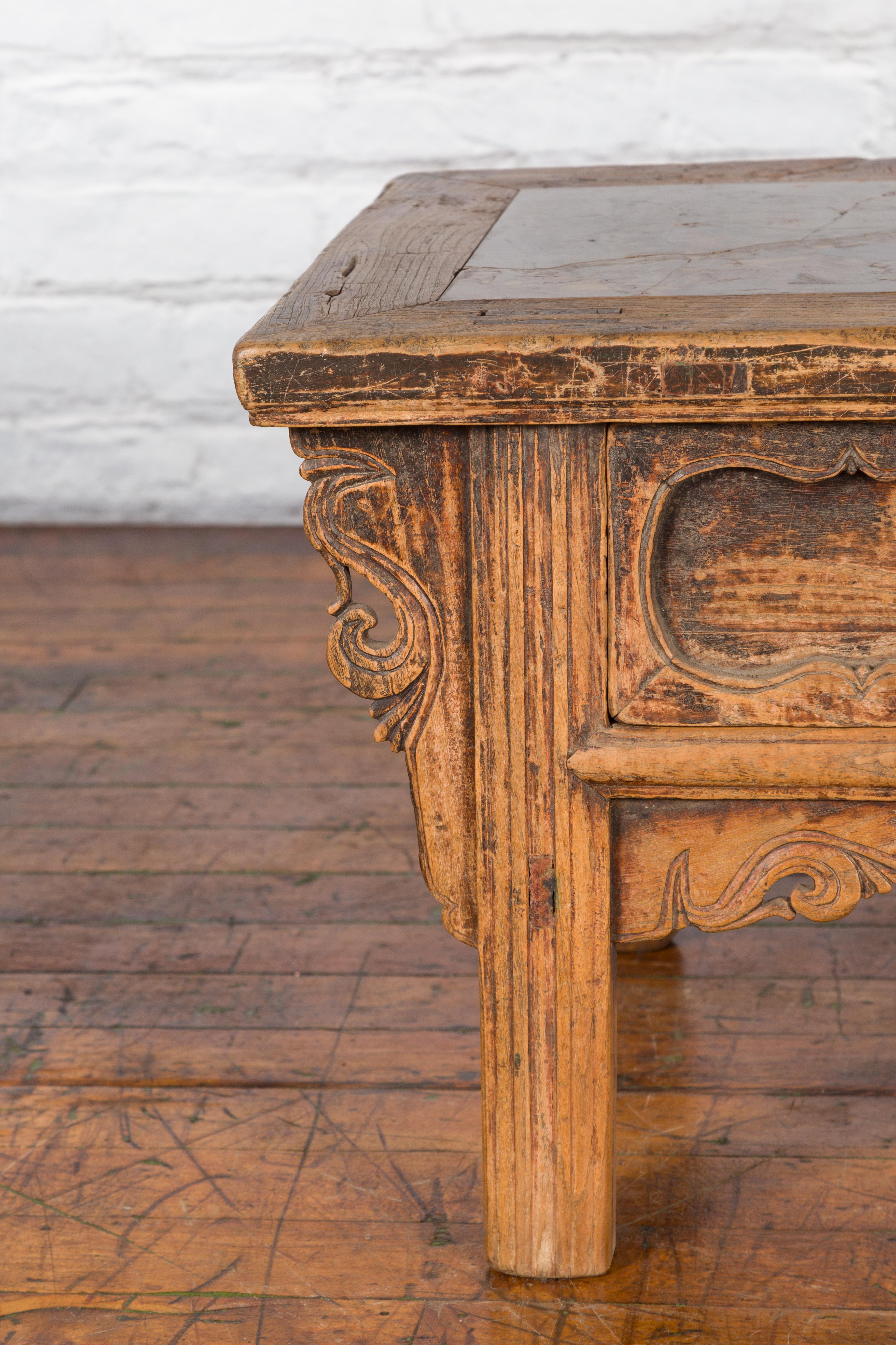 Chinese Qing Dynasty 19th Century Carved Low Elm Table with Ming Stone Inset For Sale 5