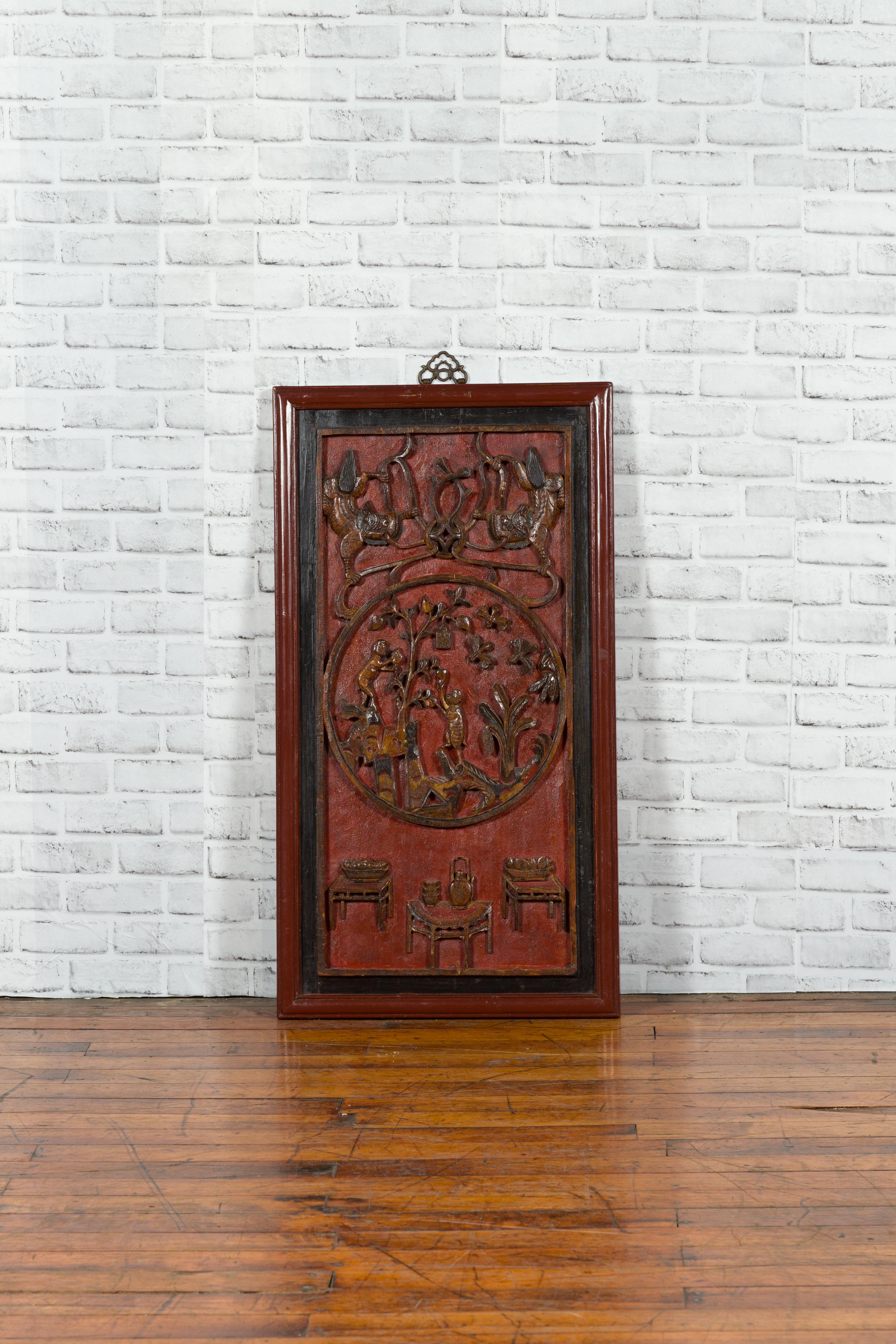 Lacquered Chinese Qing Dynasty 19th Century Carved Panel with Red, Black and Brown Lacquer For Sale