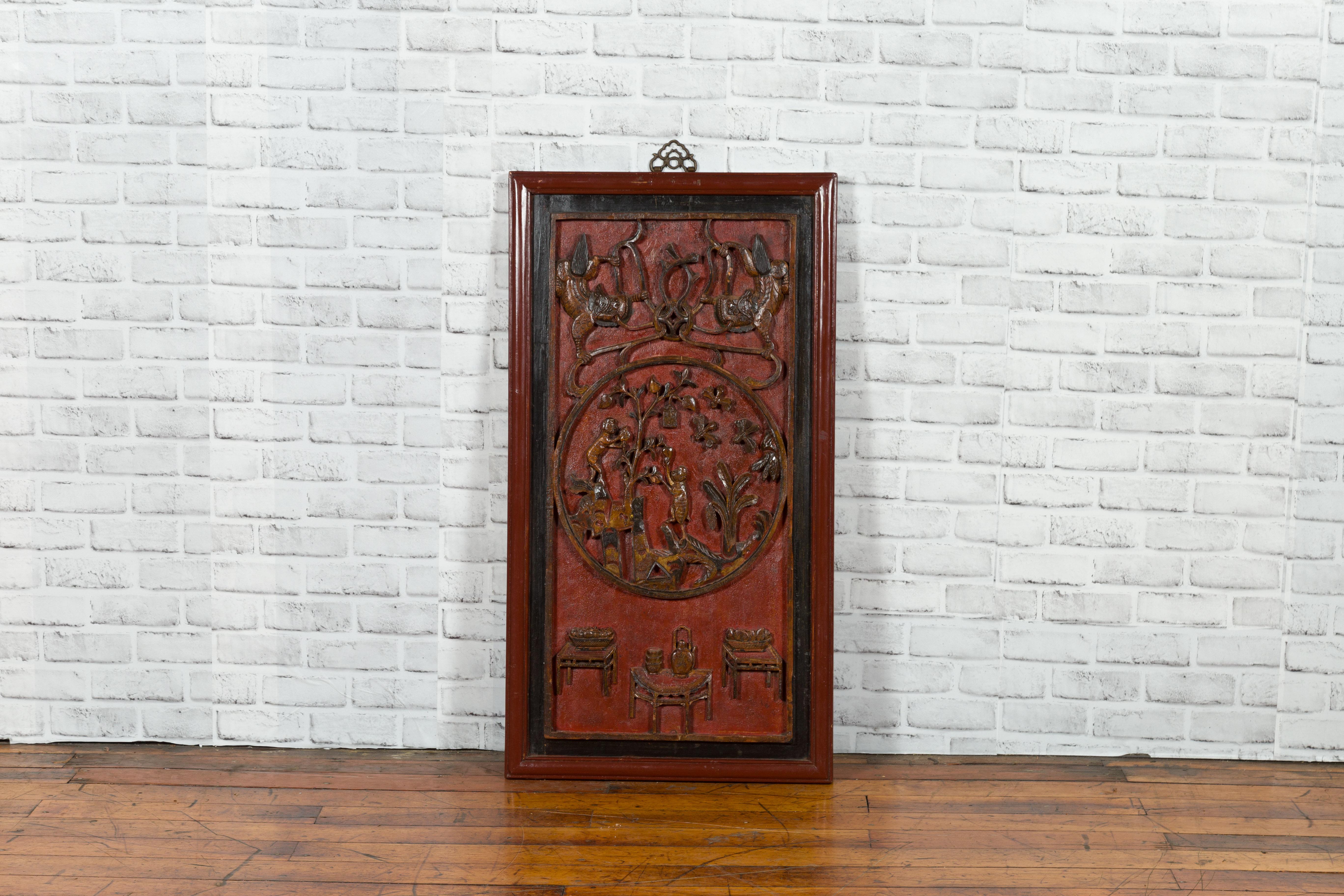 Chinese Qing Dynasty 19th Century Carved Panel with Red, Black and Brown Lacquer In Good Condition For Sale In Yonkers, NY