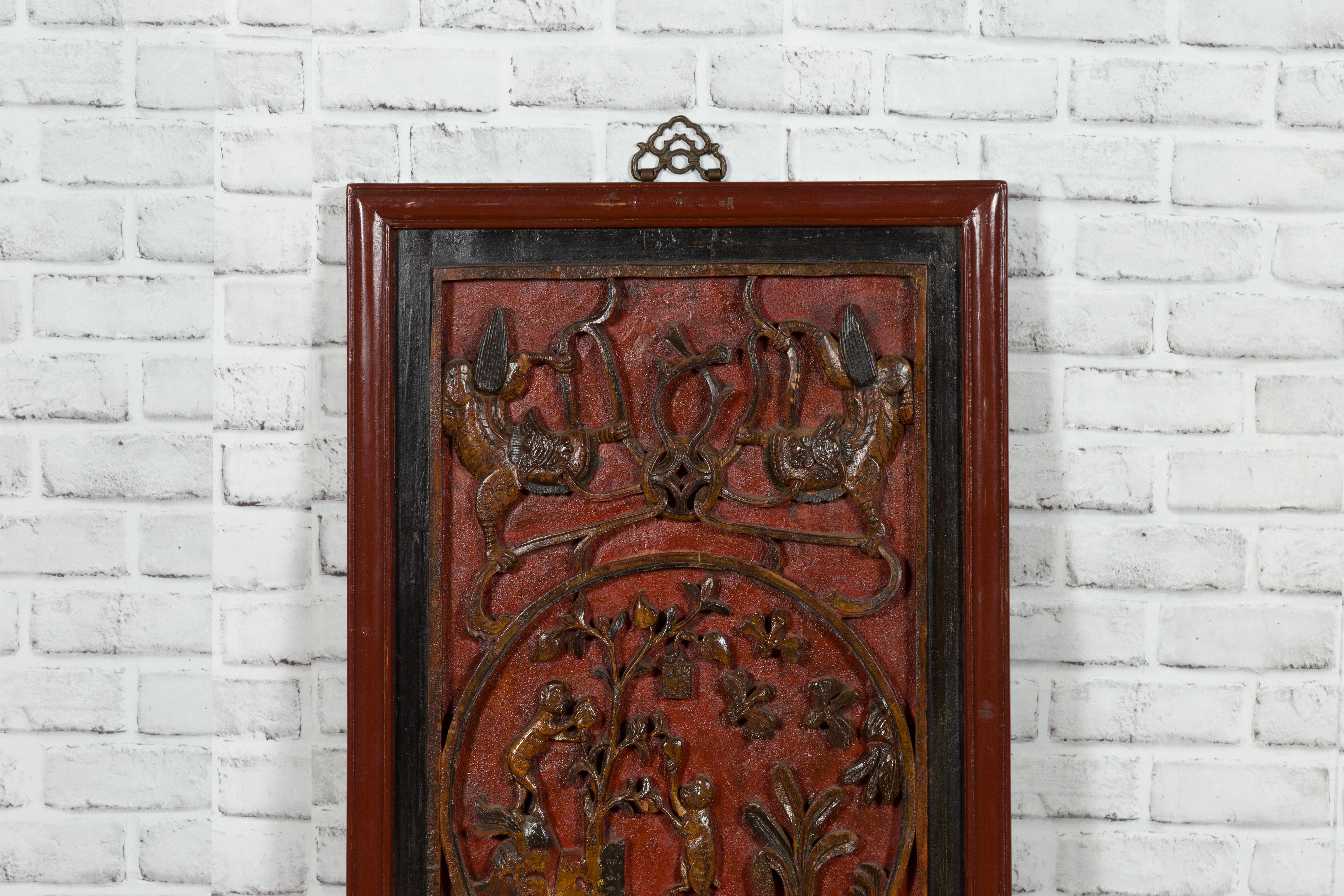 Wood Chinese Qing Dynasty 19th Century Carved Panel with Red, Black and Brown Lacquer For Sale