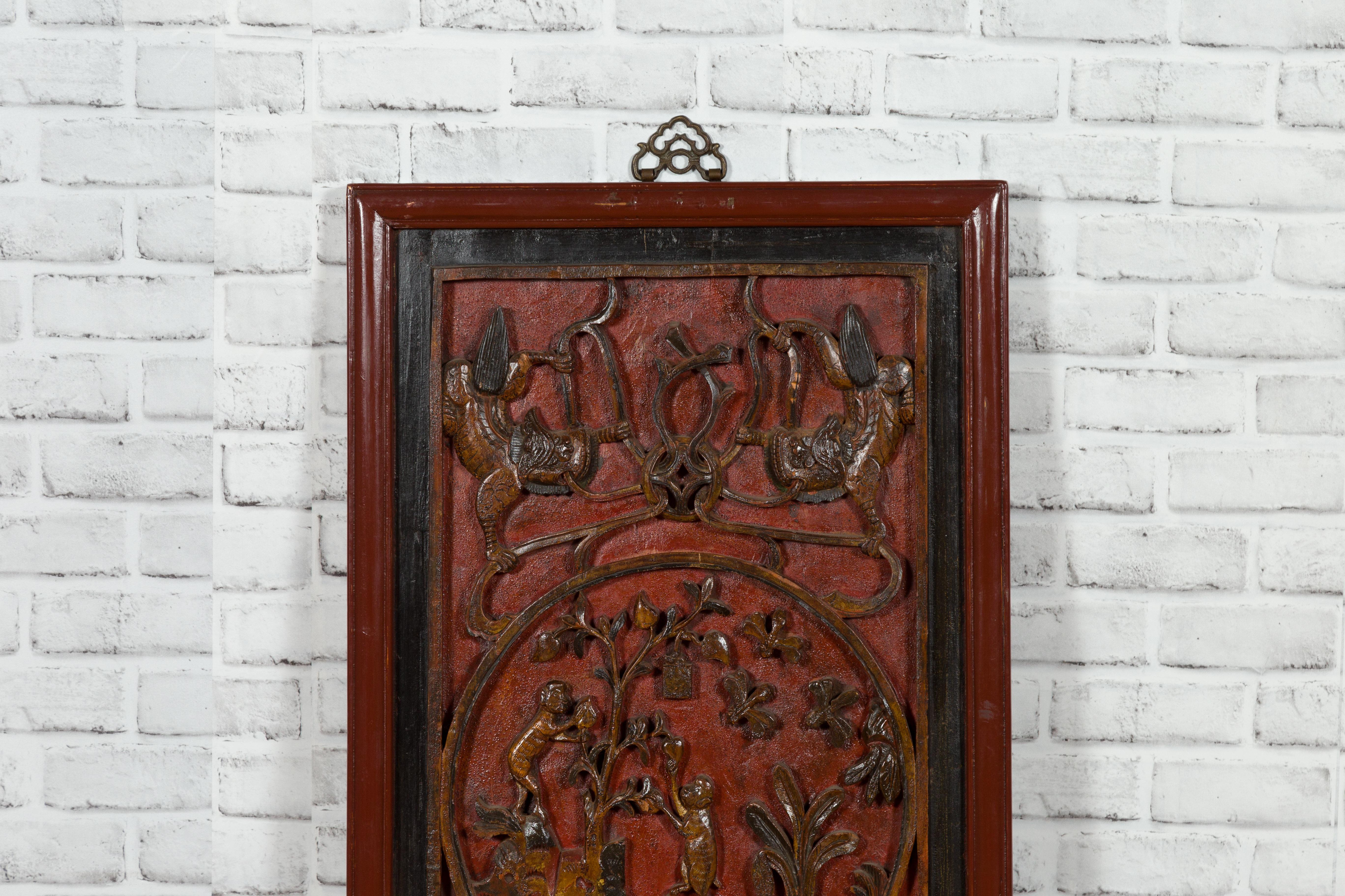 Chinese Qing Dynasty 19th Century Carved Panel with Red, Black and Brown Lacquer 1