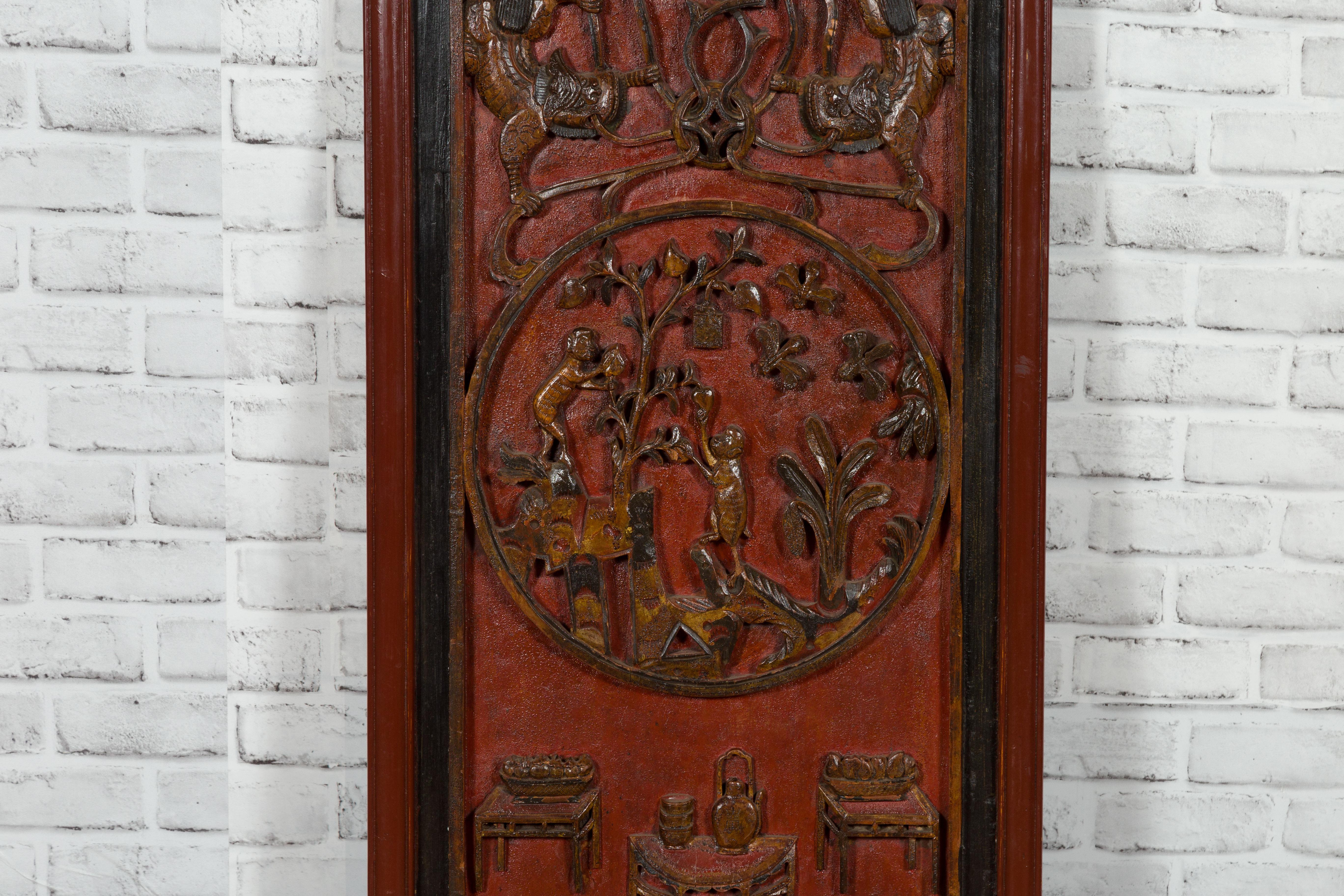 Chinese Qing Dynasty 19th Century Carved Panel with Red, Black and Brown Lacquer For Sale 2