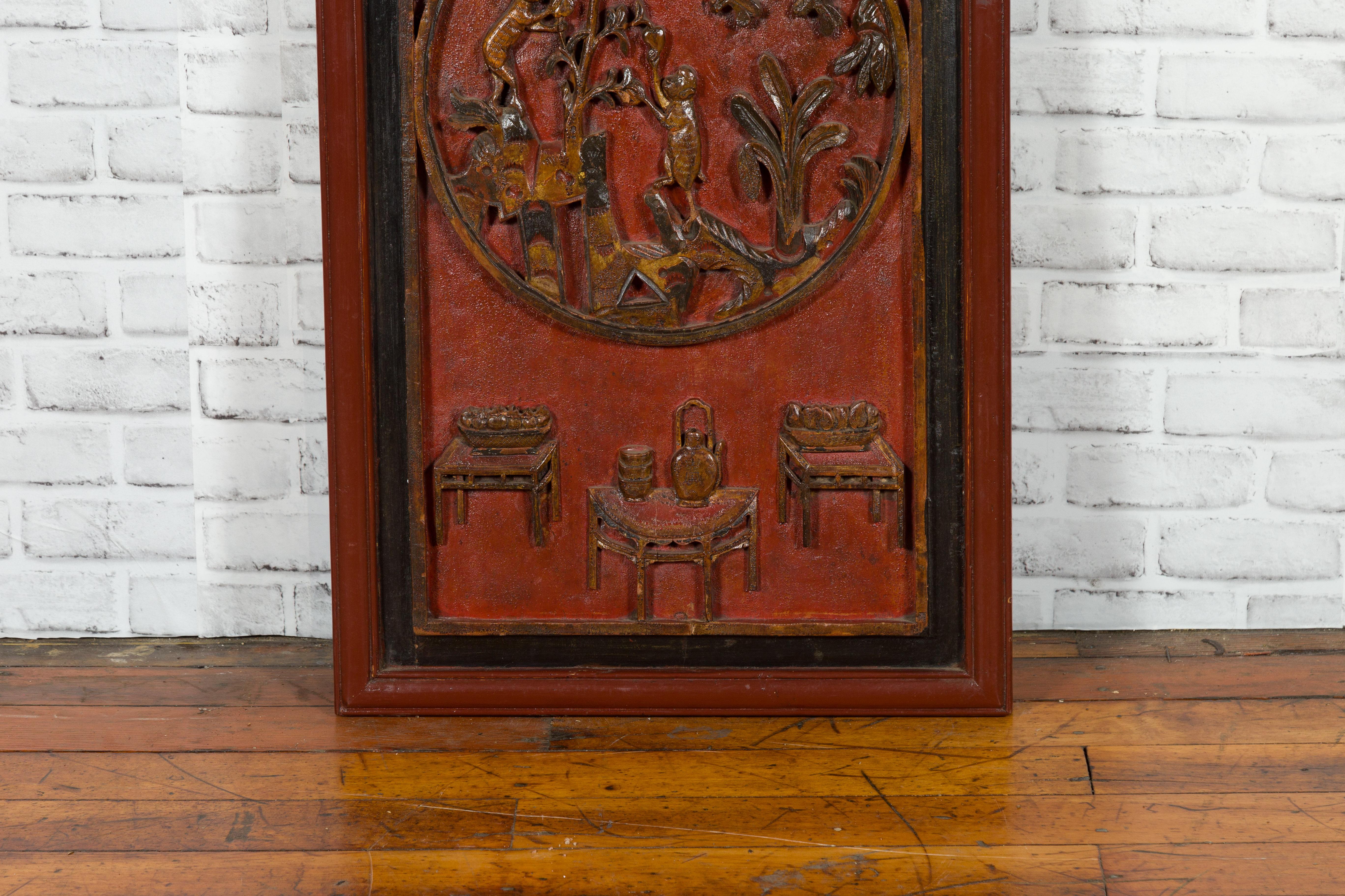 Chinese Qing Dynasty 19th Century Carved Panel with Red, Black and Brown Lacquer For Sale 3