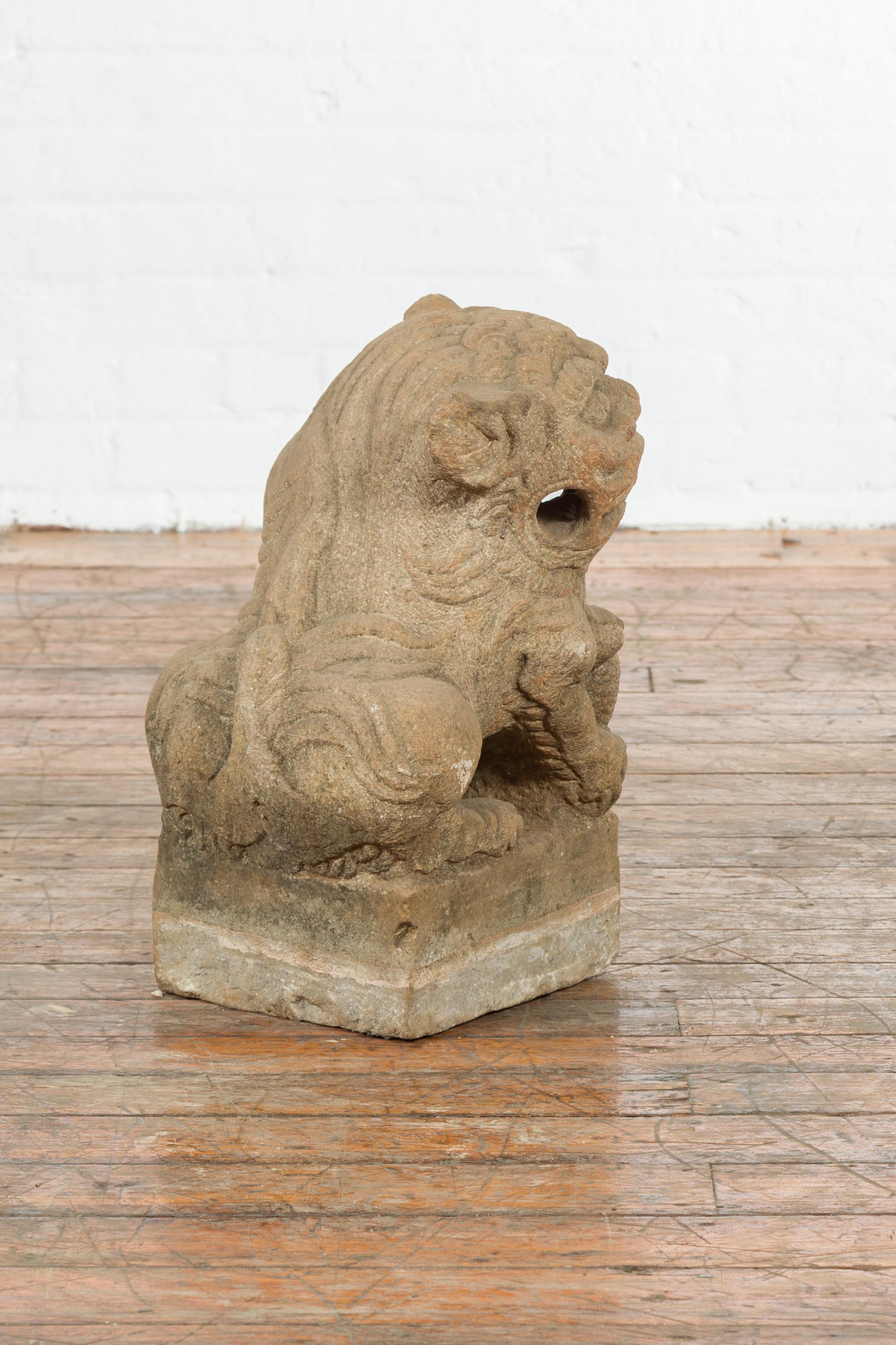 Chinese Qing Dynasty 19th Century Carved Stone Foo Dog Guardian Lion Sculpture For Sale 1