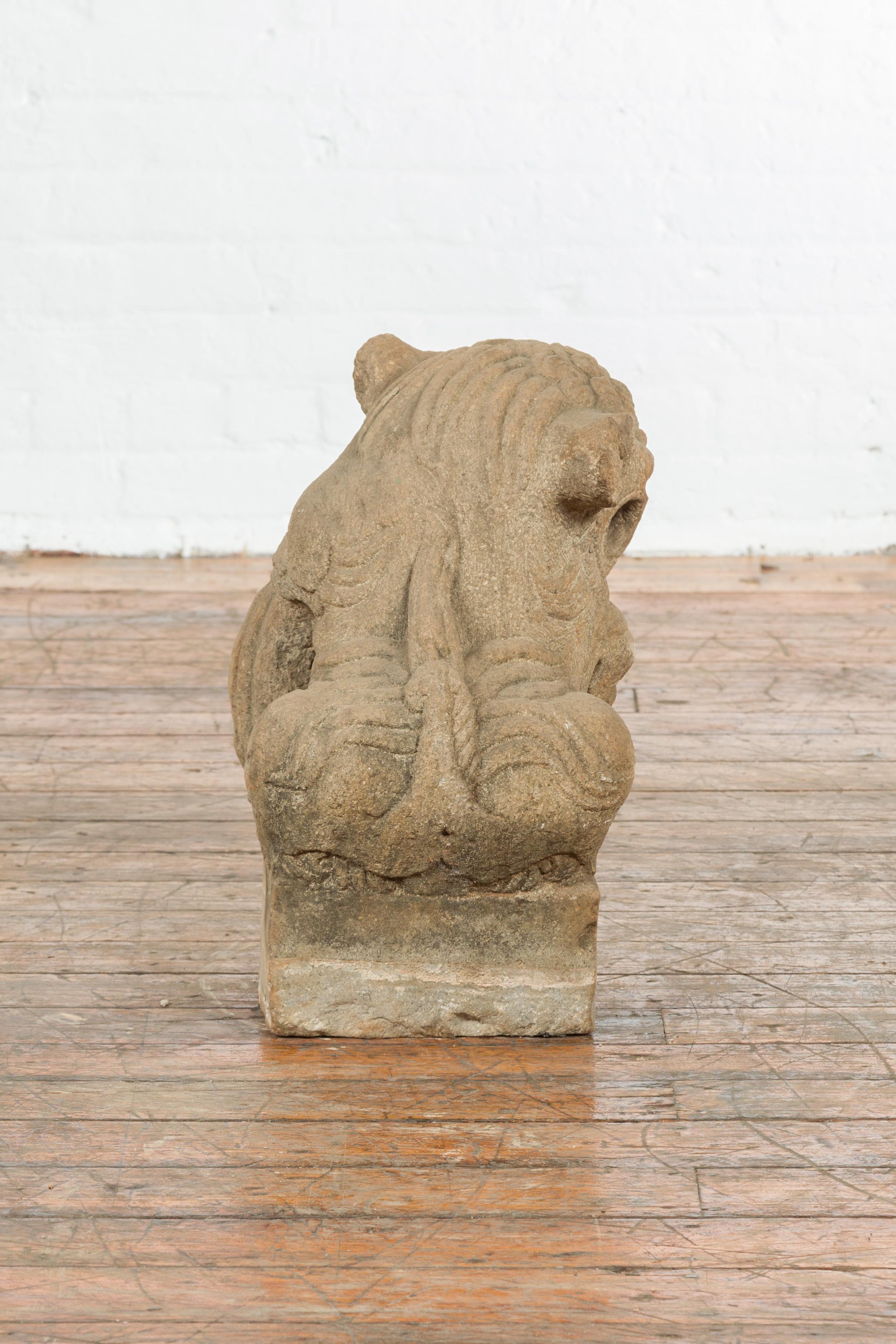 Chinese Qing Dynasty 19th Century Carved Stone Foo Dog Guardian Lion Sculpture For Sale 2