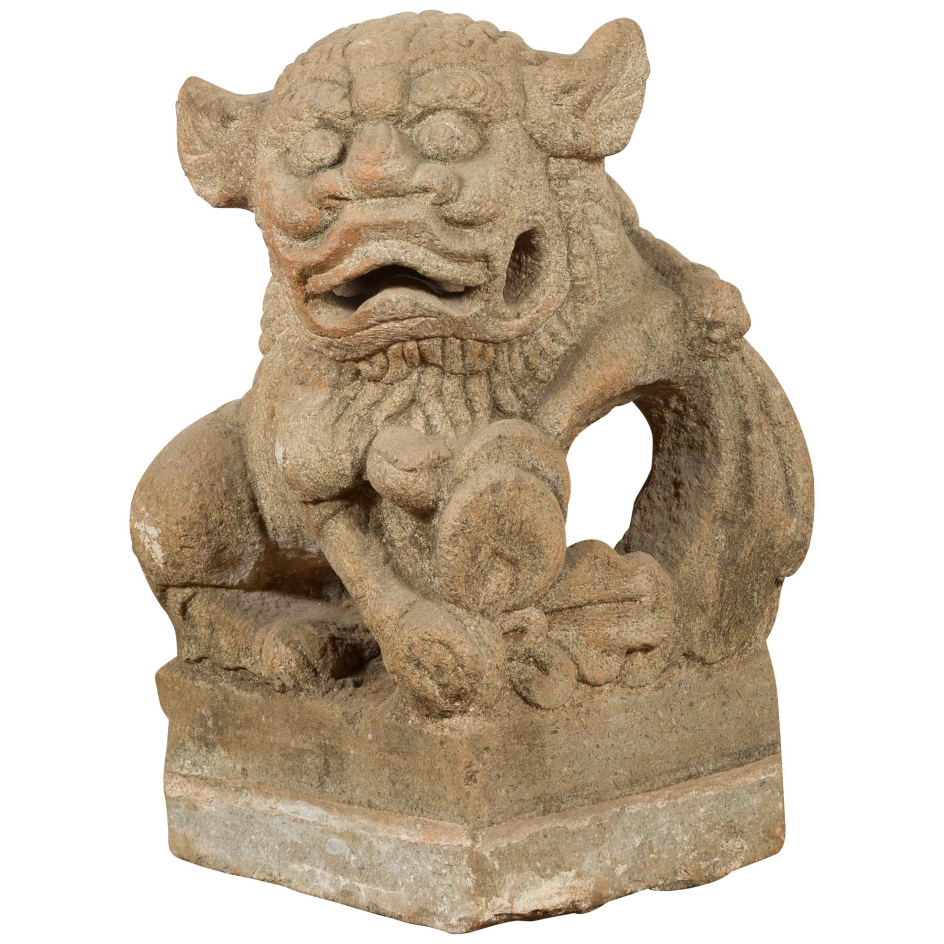 Chinese Qing Dynasty 19th Century Carved Stone Foo Dog Guardian Lion Sculpture For Sale