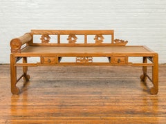 Qing Dynasty 19th Century Carved Wooden Opium Daybed with Rattan Inset