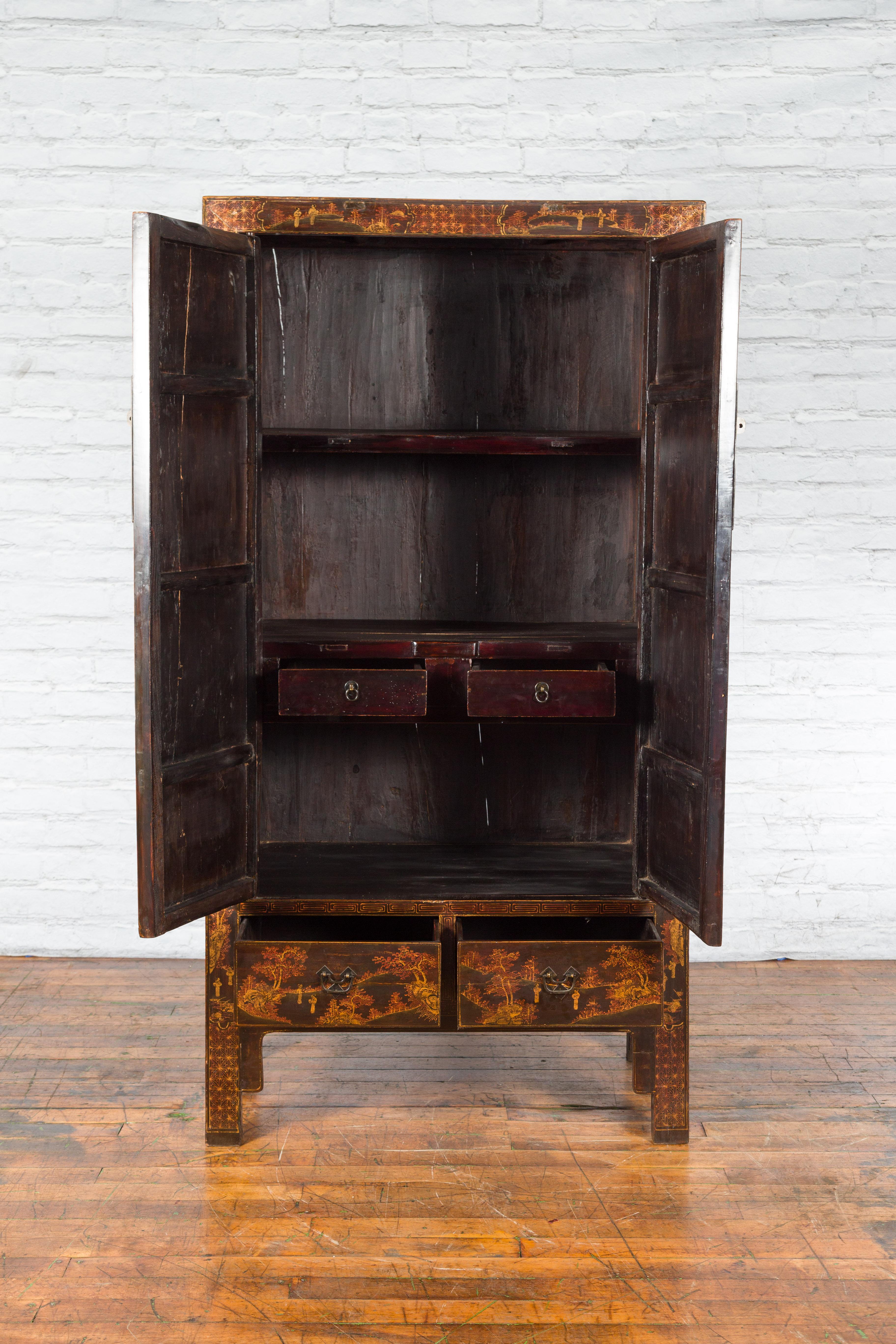Chinese Qing Dynasty 19th Century Hand-Painted Cabinet with Gilt Court Scenes 11