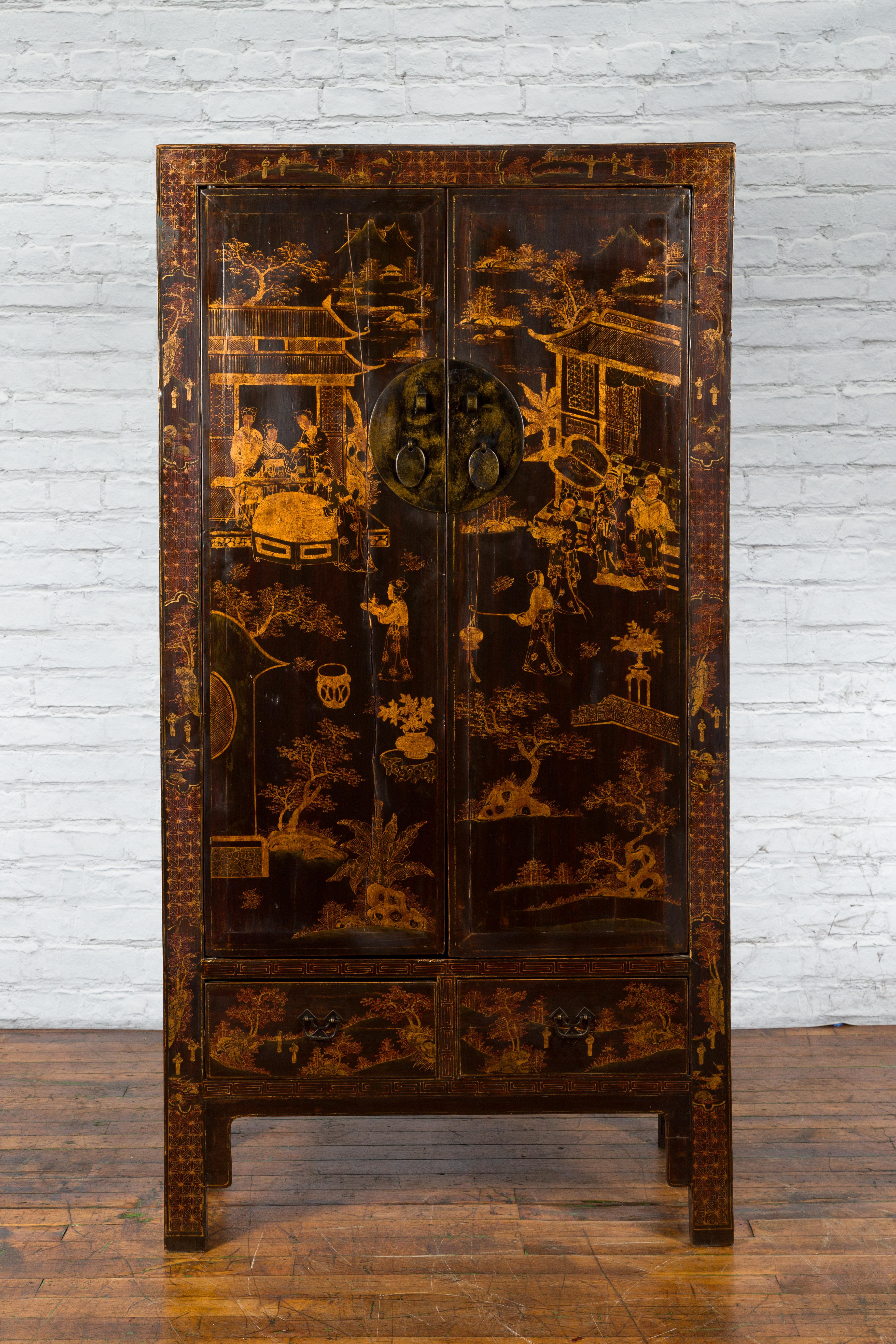 A Chinese Qing Dynasty period brown lacquer cabinet from the 19th century, with gilt court scenes décor. Created in China during the Qing Dynasty in the 19th century, this tall cabinet presents a brown lacquer beautifully adorned with a gilded