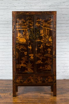Chinese Qing Dynasty 19th Century Hand-Painted Cabinet with Gilt Court Scenes