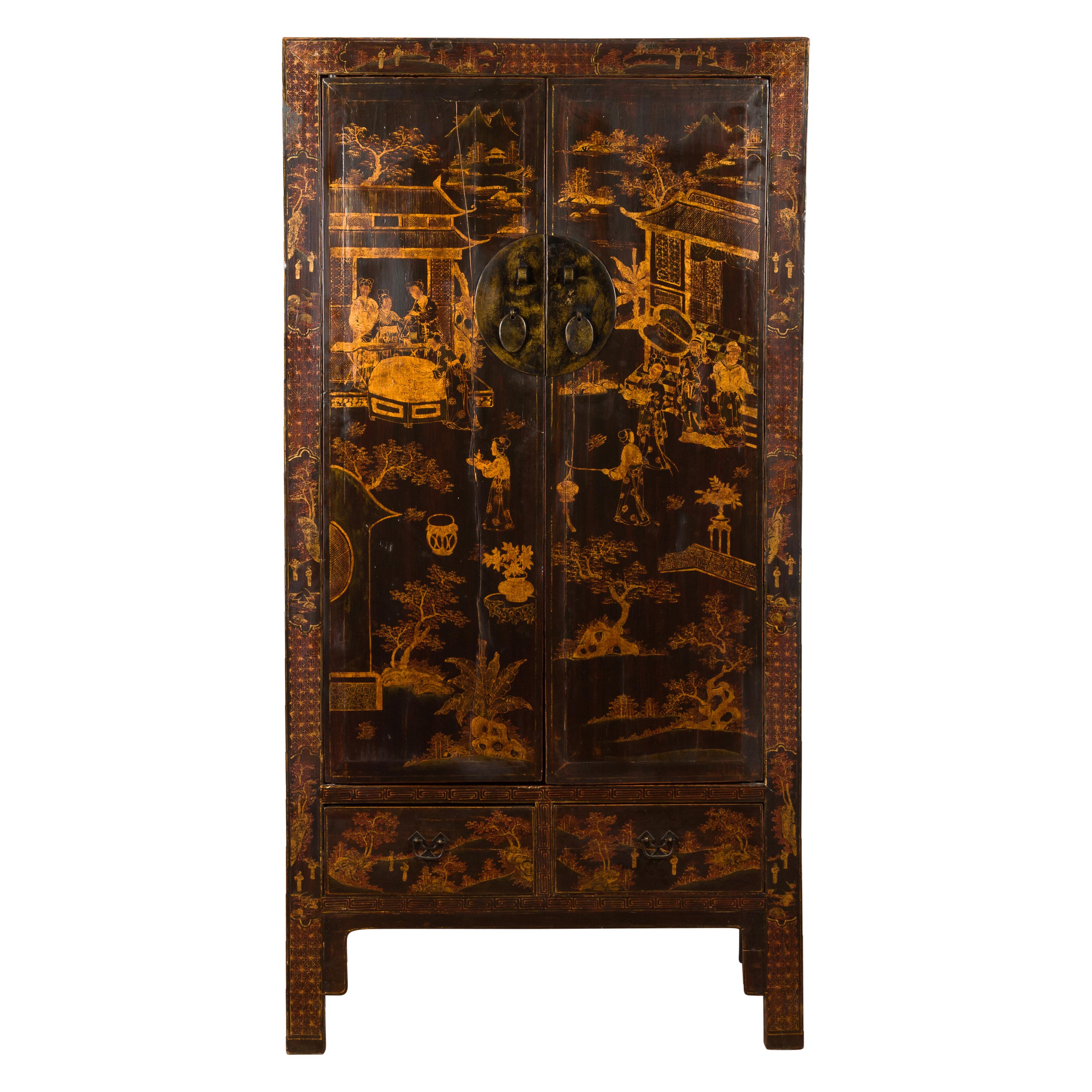 Chinese Qing Dynasty 19th Century Hand-Painted Cabinet with Gilt Court Scenes 16