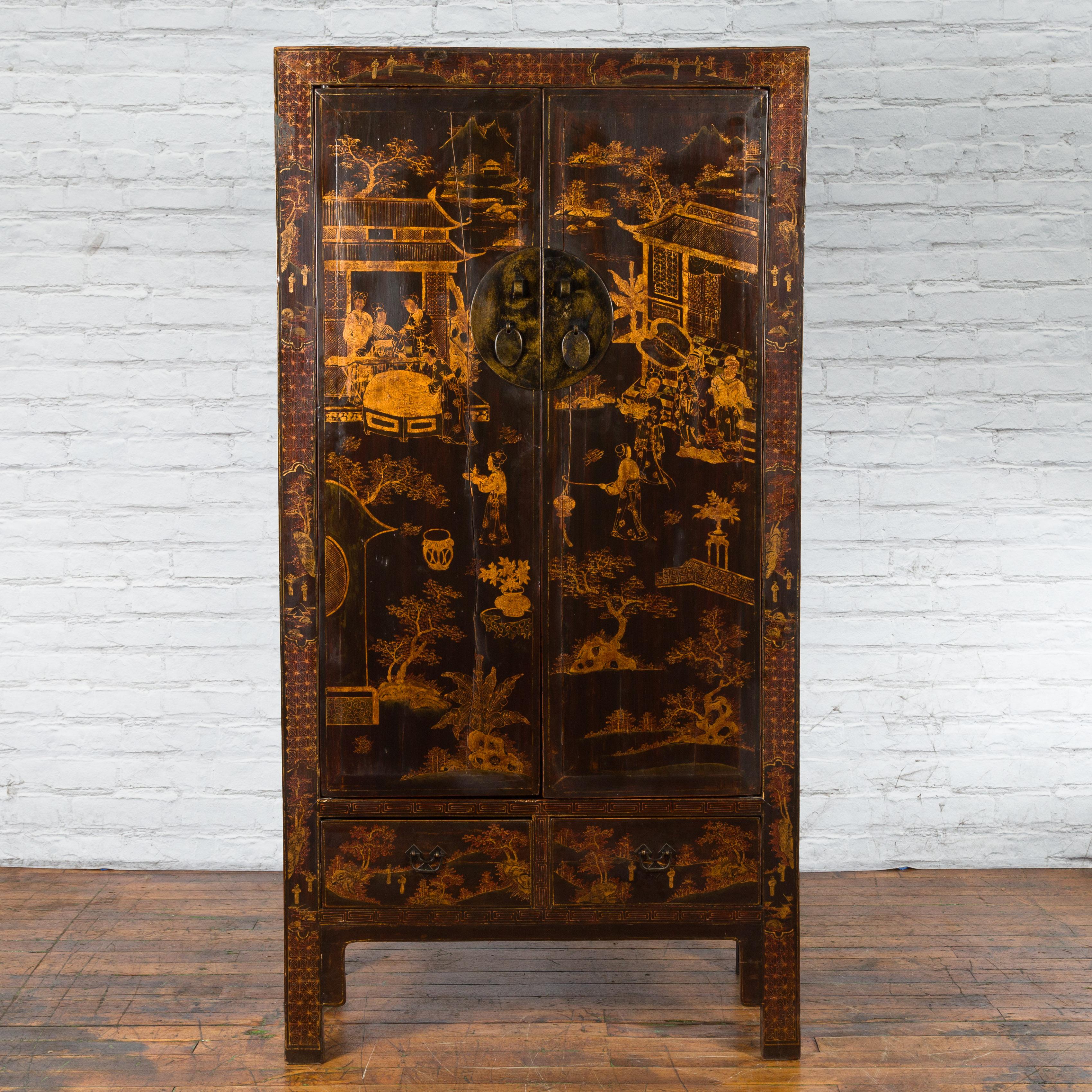 Chinese Qing Dynasty 19th Century Hand-Painted Cabinet with Gilt Court Scenes In Good Condition In Yonkers, NY