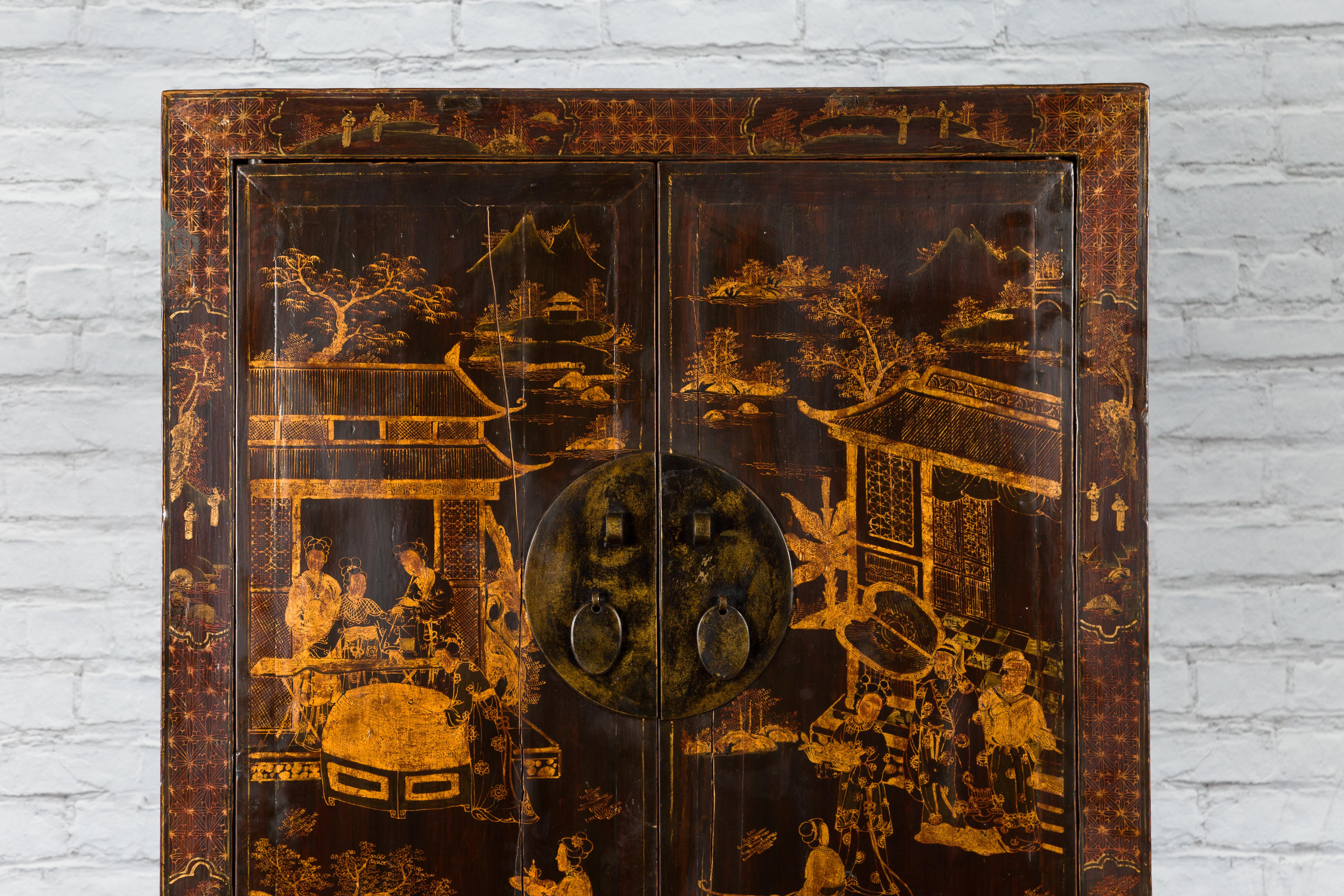 Wood Chinese Qing Dynasty 19th Century Hand-Painted Cabinet with Gilt Court Scenes