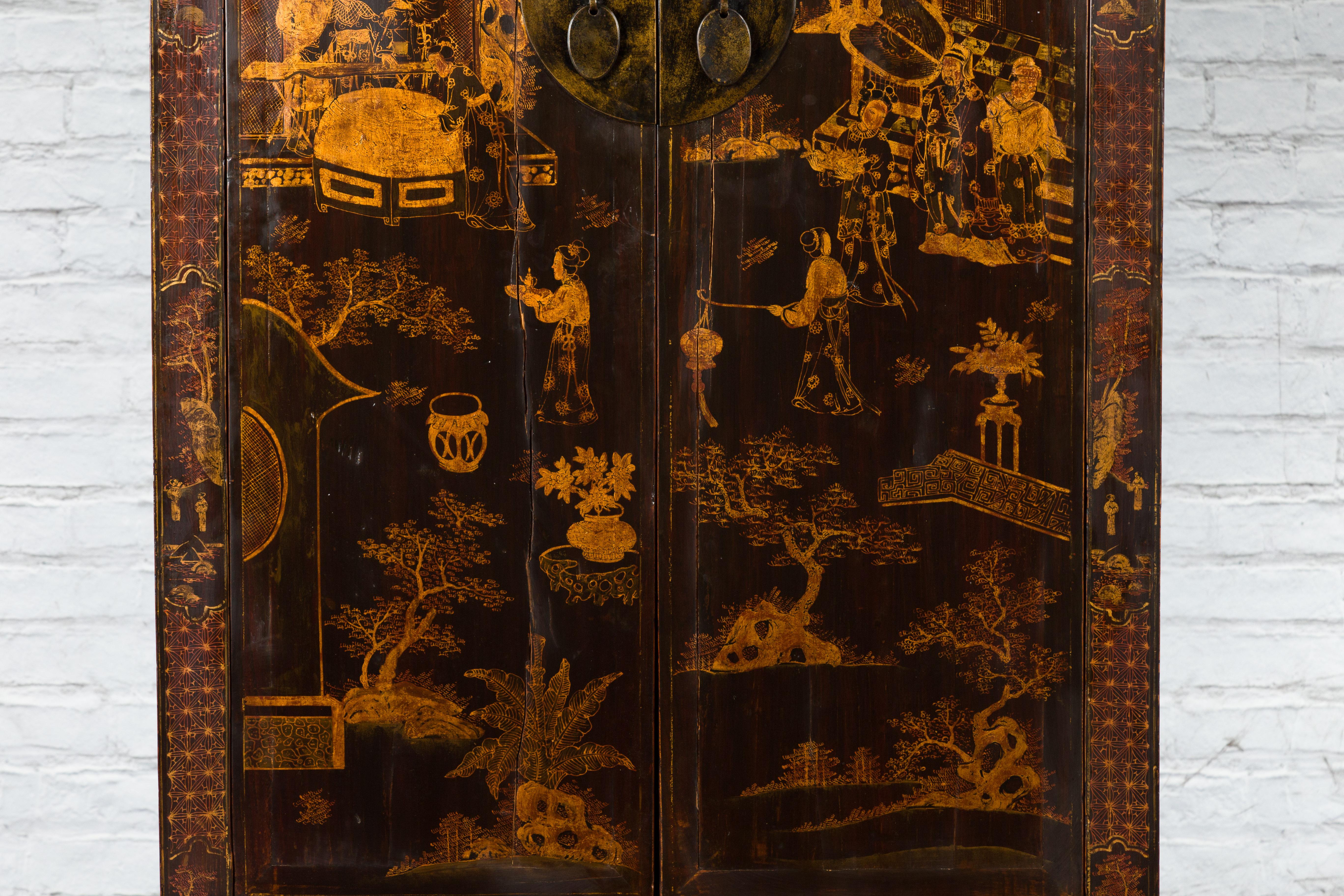 Chinese Qing Dynasty 19th Century Hand-Painted Cabinet with Gilt Court Scenes 1
