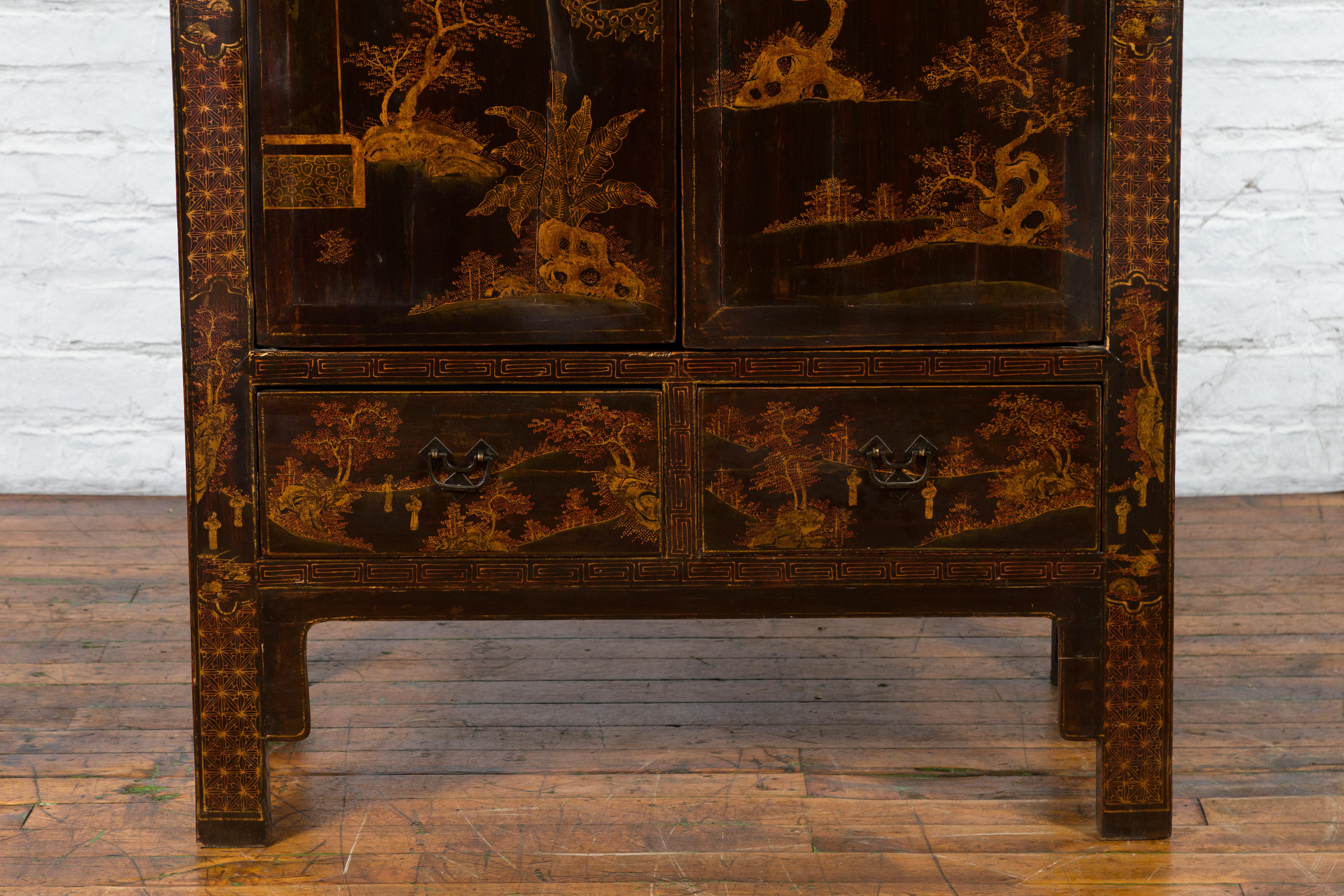 Chinese Qing Dynasty 19th Century Hand-Painted Cabinet with Gilt Court Scenes 2