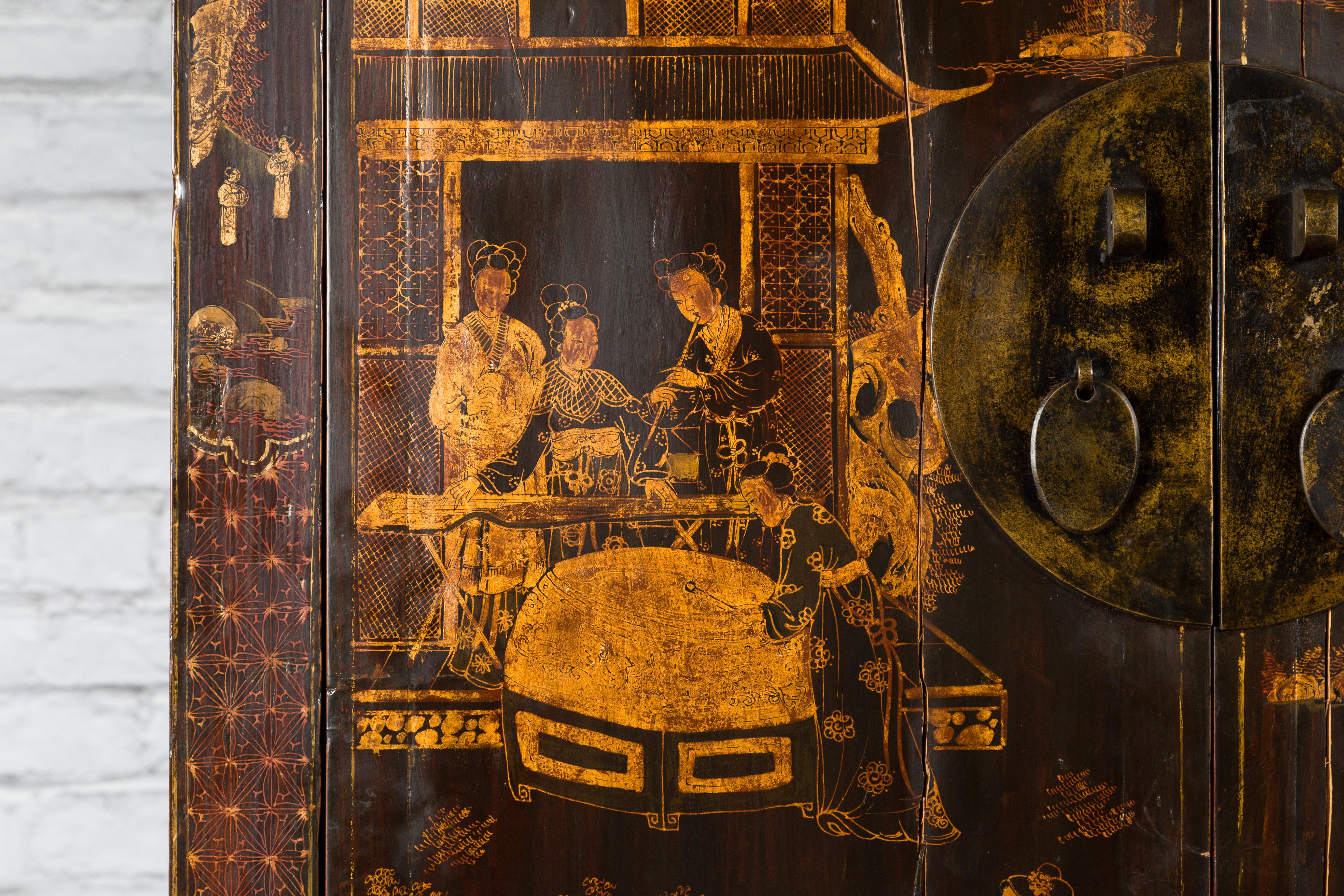 Chinese Qing Dynasty 19th Century Hand-Painted Cabinet with Gilt Court Scenes 3