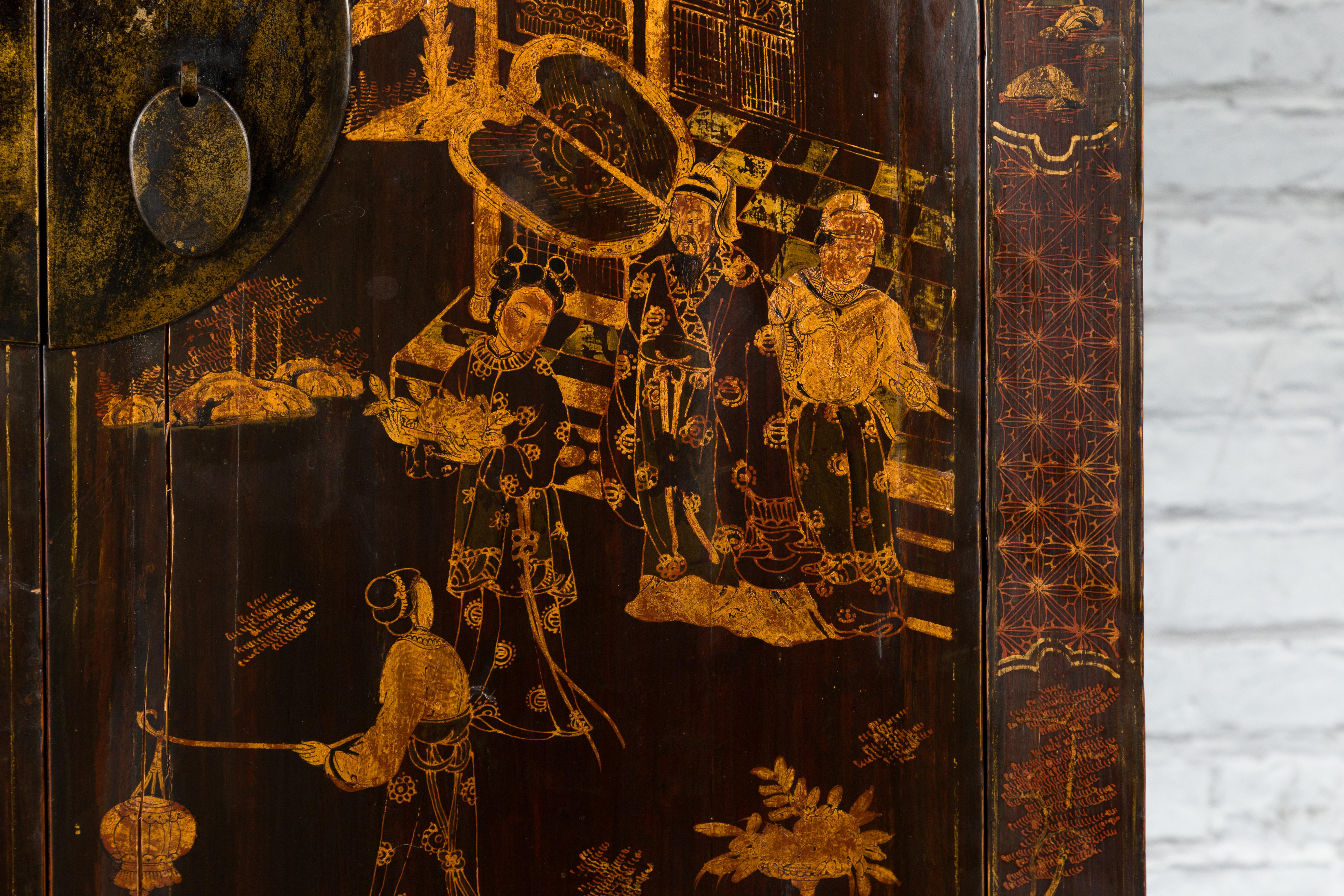 Chinese Qing Dynasty 19th Century Hand-Painted Cabinet with Gilt Court Scenes 4