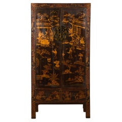 Chinese Qing Dynasty 19th Century Hand-Painted Cabinet with Gilt Court Scenes