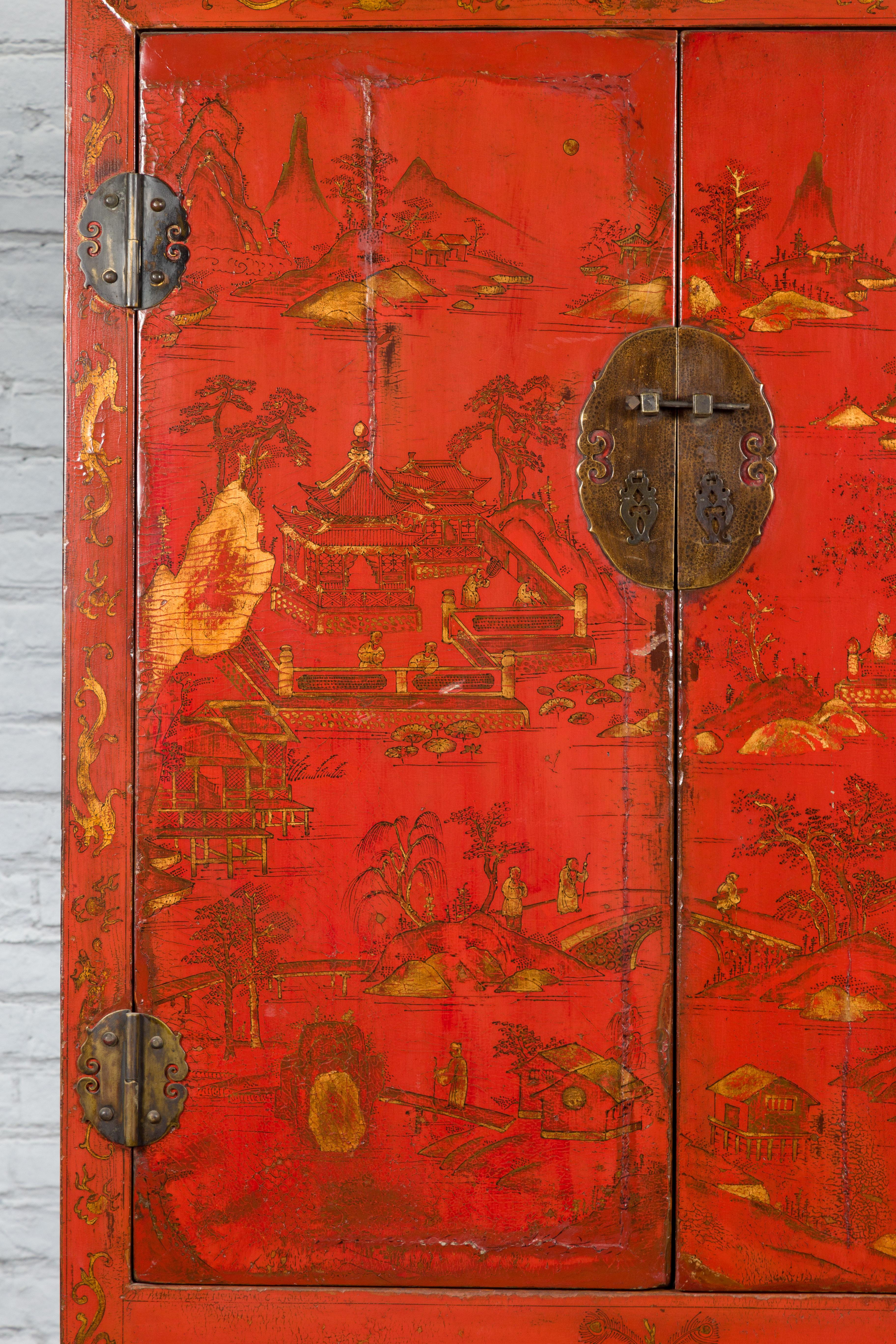 Chinese Qing Dynasty 19th Century Hand-Painted Cabinet with Original Red Lacquer For Sale 5
