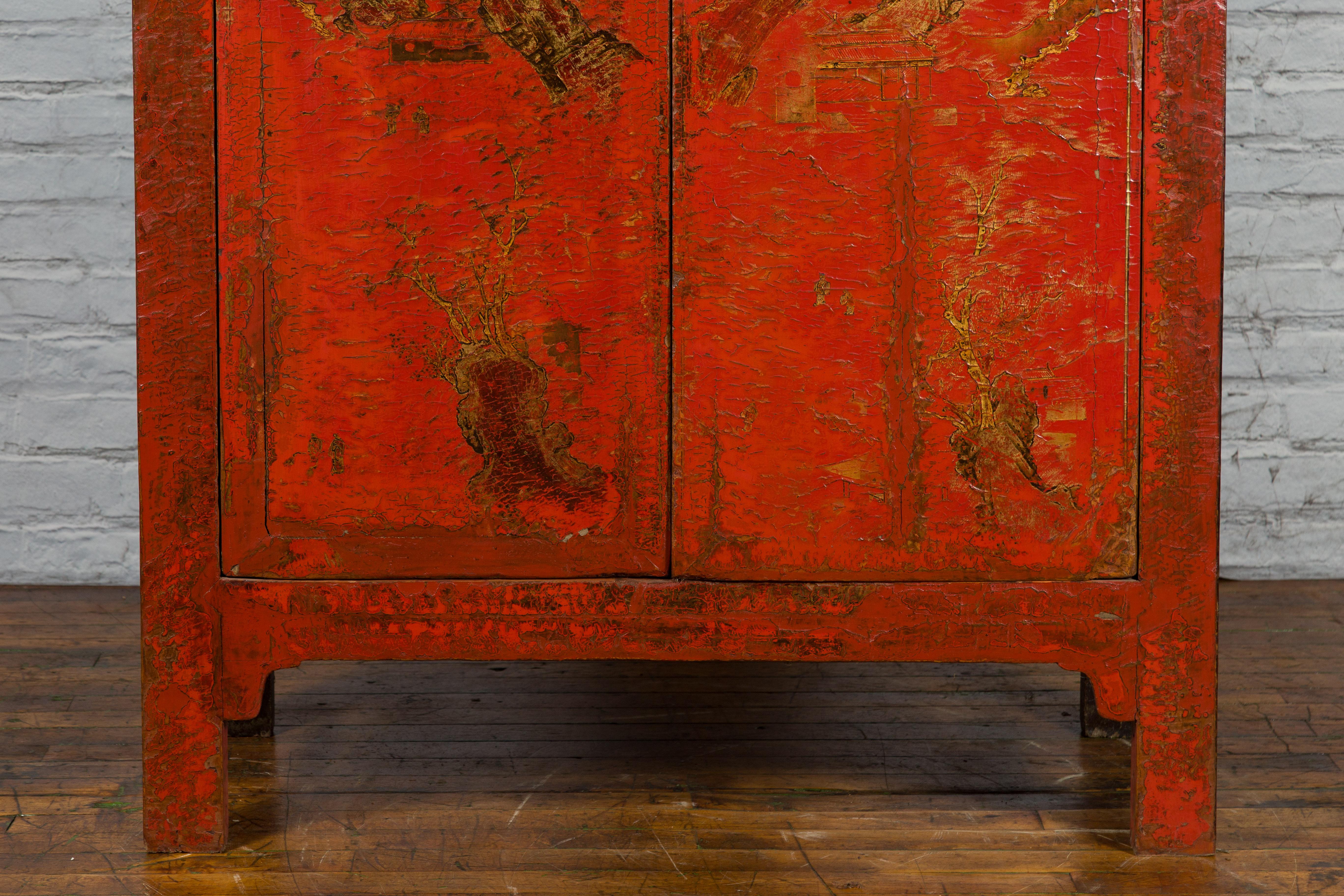 Chinese Qing Dynasty 19th Century Hand-Painted Cabinet with Original Red Lacquer 6
