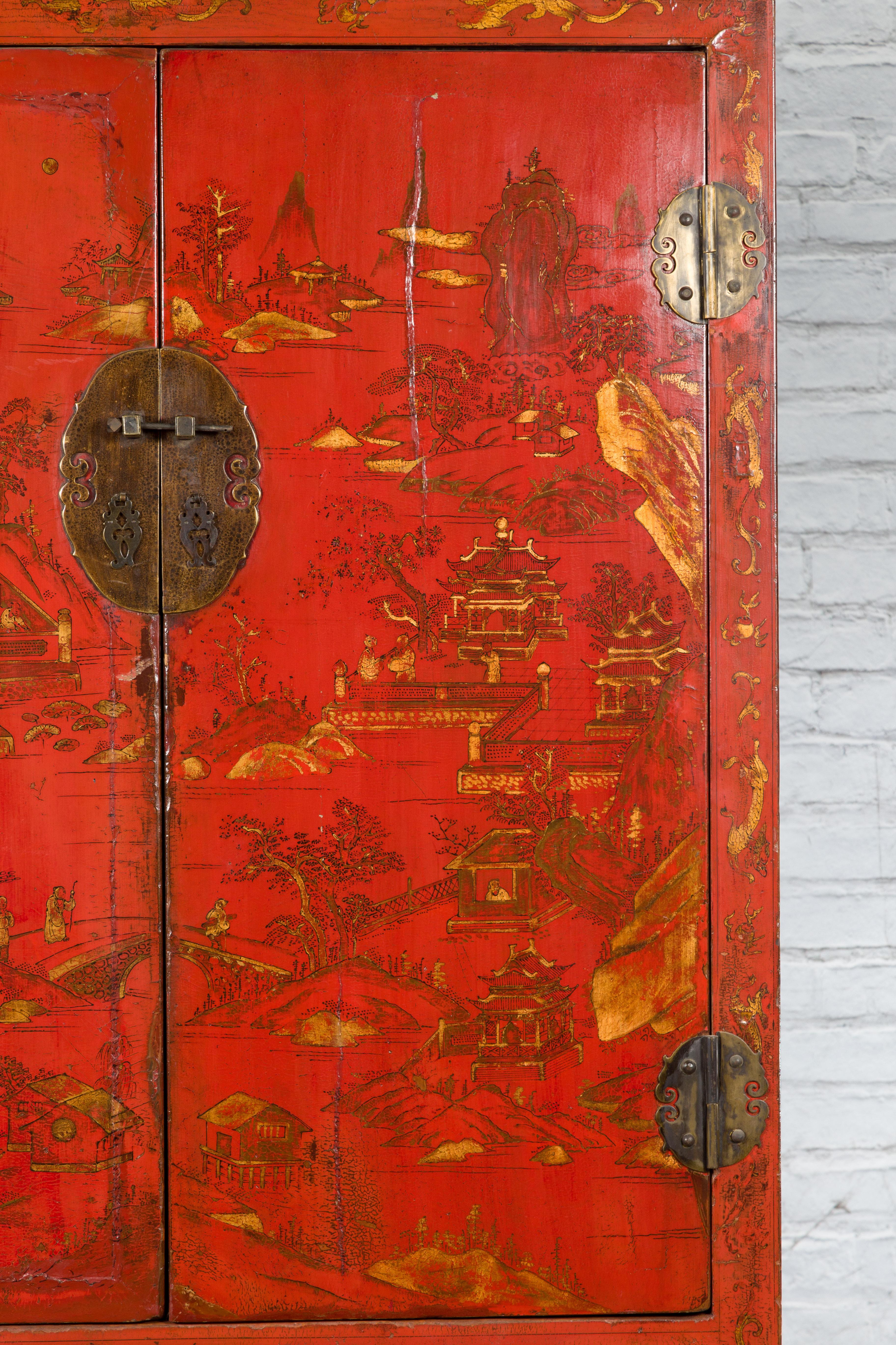 Cabinet peint à la main de la dynastie chinoise Qing du 19ème siècle avec laque rouge d'origine en vente 4