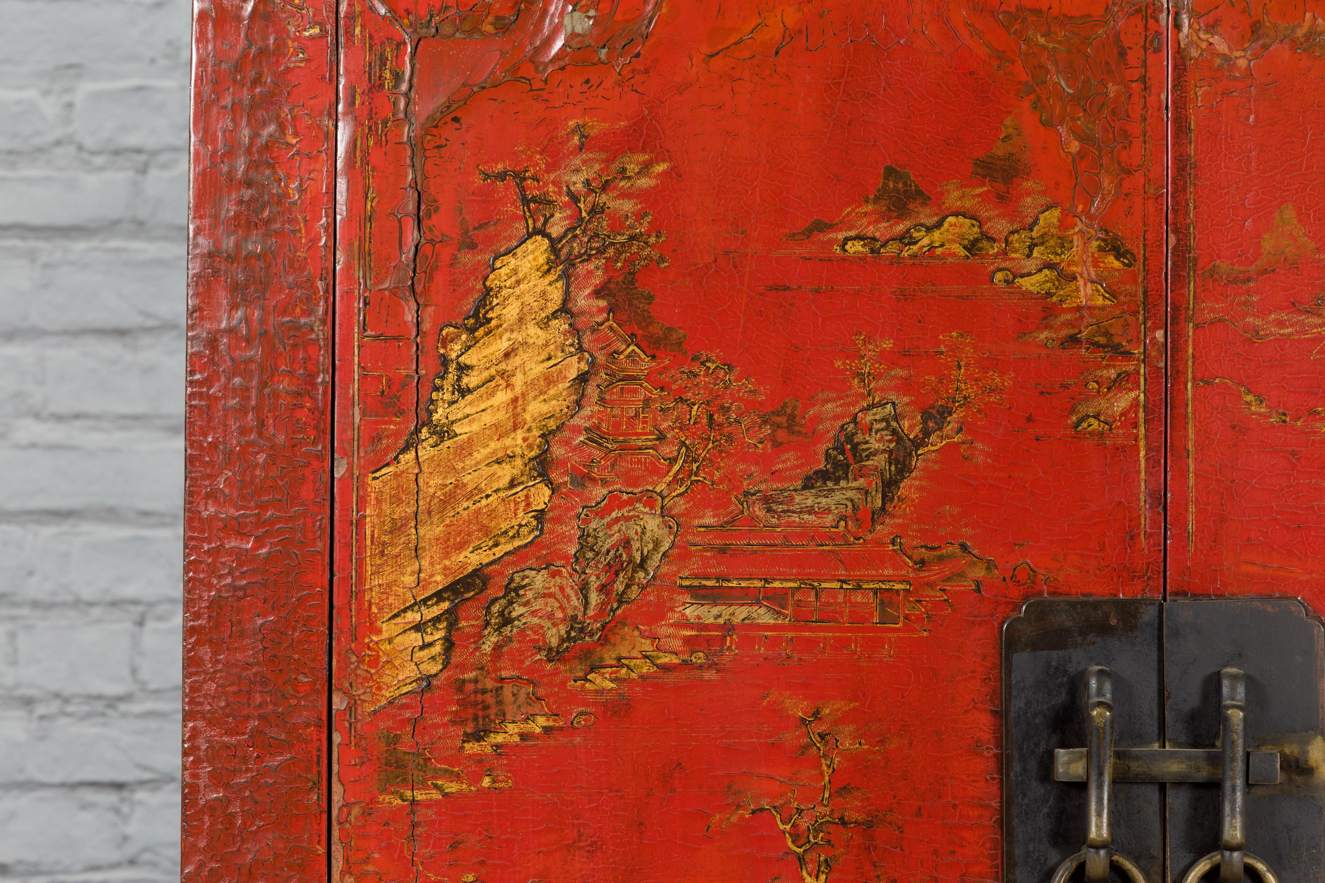 Chinese Qing Dynasty 19th Century Hand-Painted Cabinet with Original Red Lacquer 7
