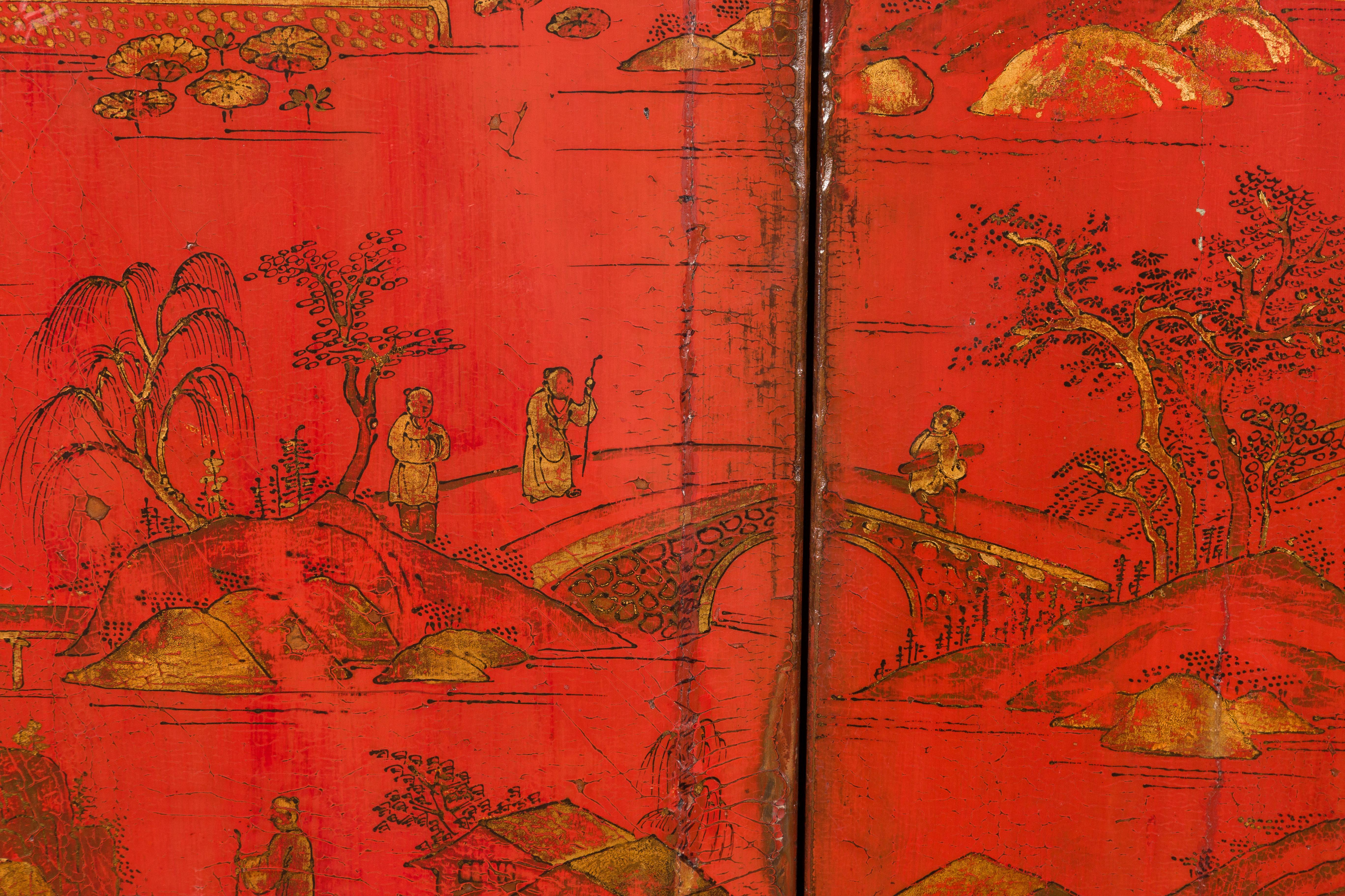 Chinese Qing Dynasty 19th Century Hand-Painted Cabinet with Original Red Lacquer For Sale 8