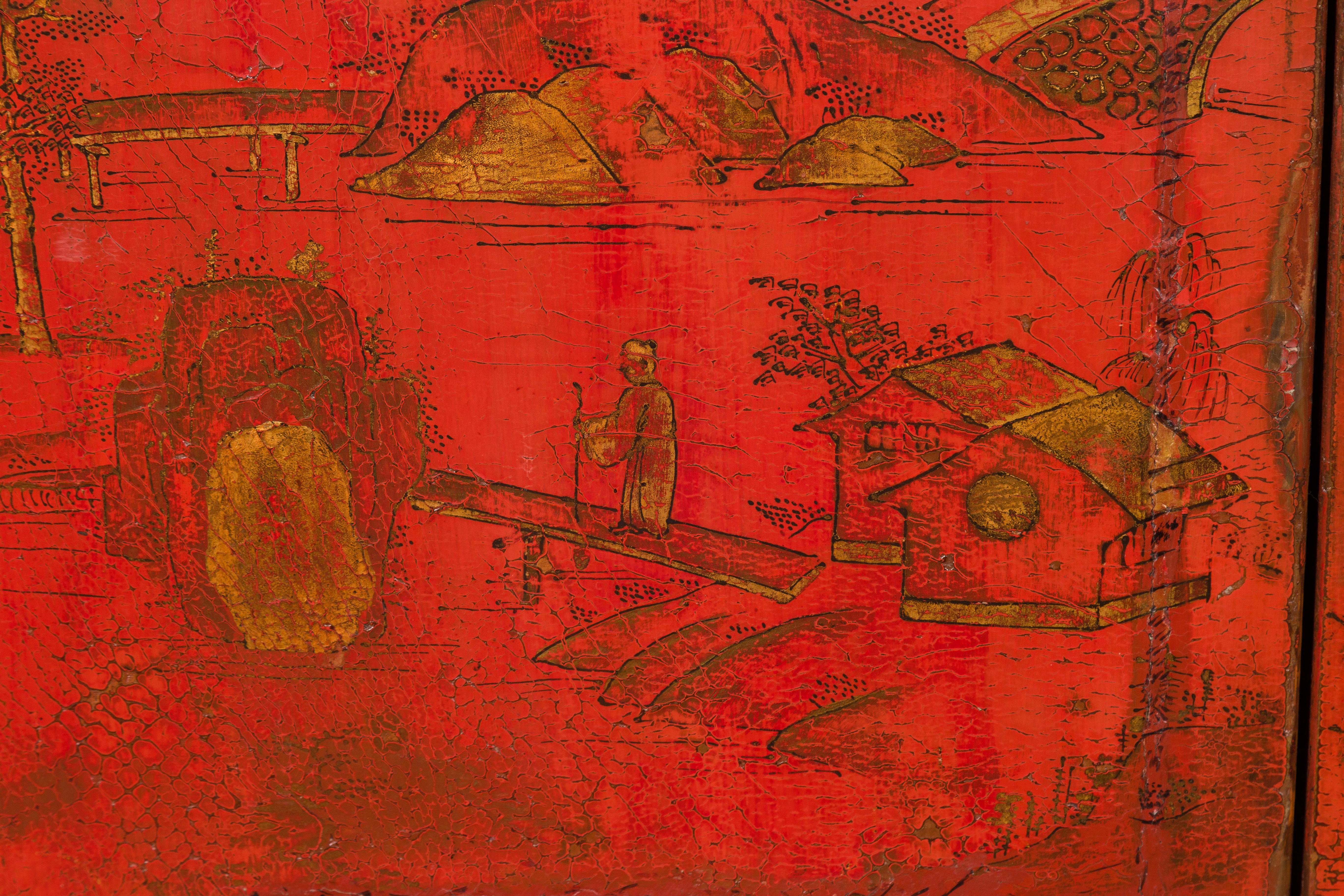 Chinesische Qing-Dynastie 19. Jahrhundert handbemaltes Kabinett mit original rotem Lack im Angebot 9