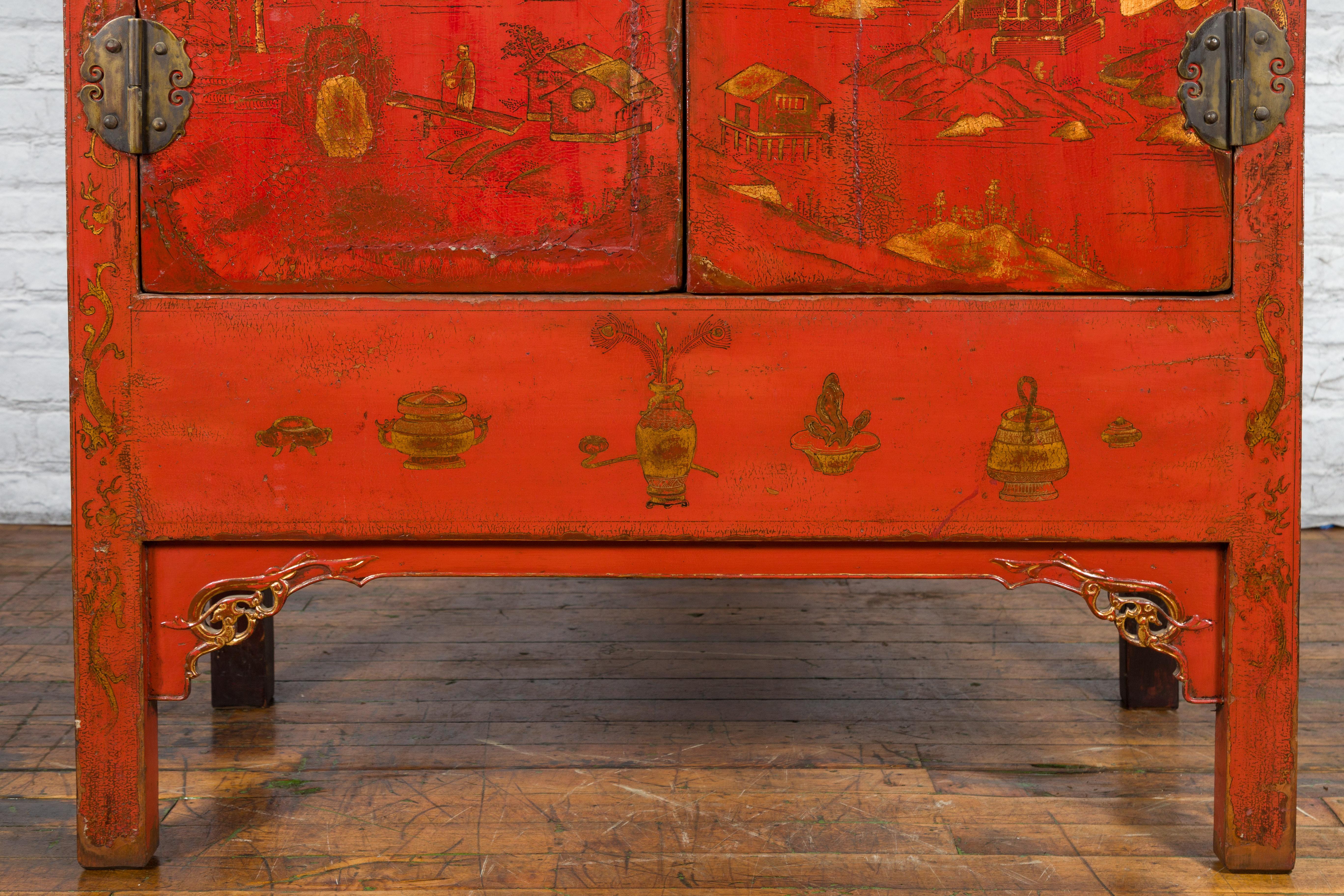 Chinesische Qing-Dynastie 19. Jahrhundert handbemaltes Kabinett mit original rotem Lack im Angebot 10