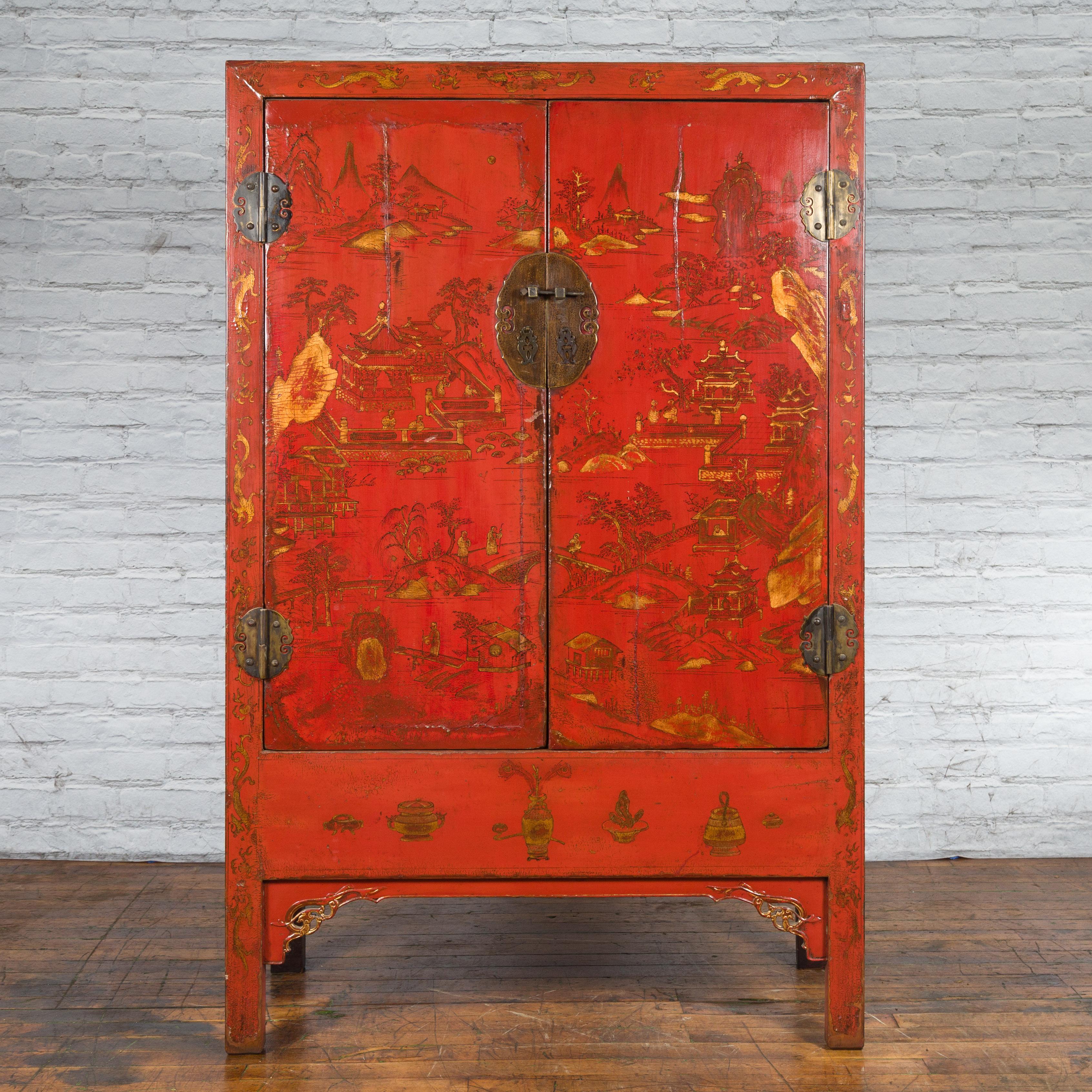 A Chinese Qing Dynasty period cabinet from the 19th century with original red lacquer and gilt hand-painted court scenes décor. Created in China during the Qing Dynasty in the 19th century, this cabinet features its original red lacquer serving as a