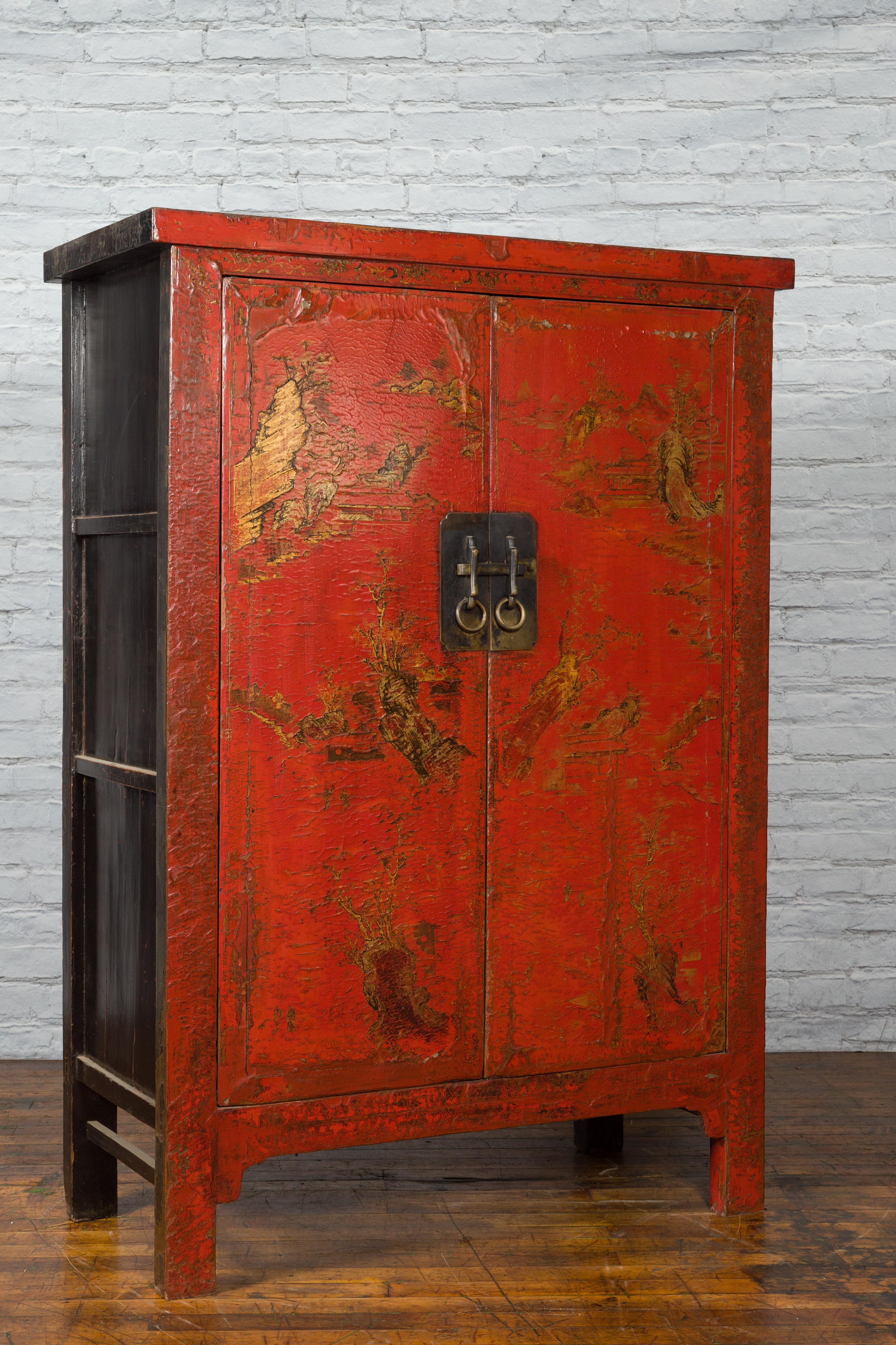 Gilt Chinese Qing Dynasty 19th Century Hand-Painted Cabinet with Original Red Lacquer