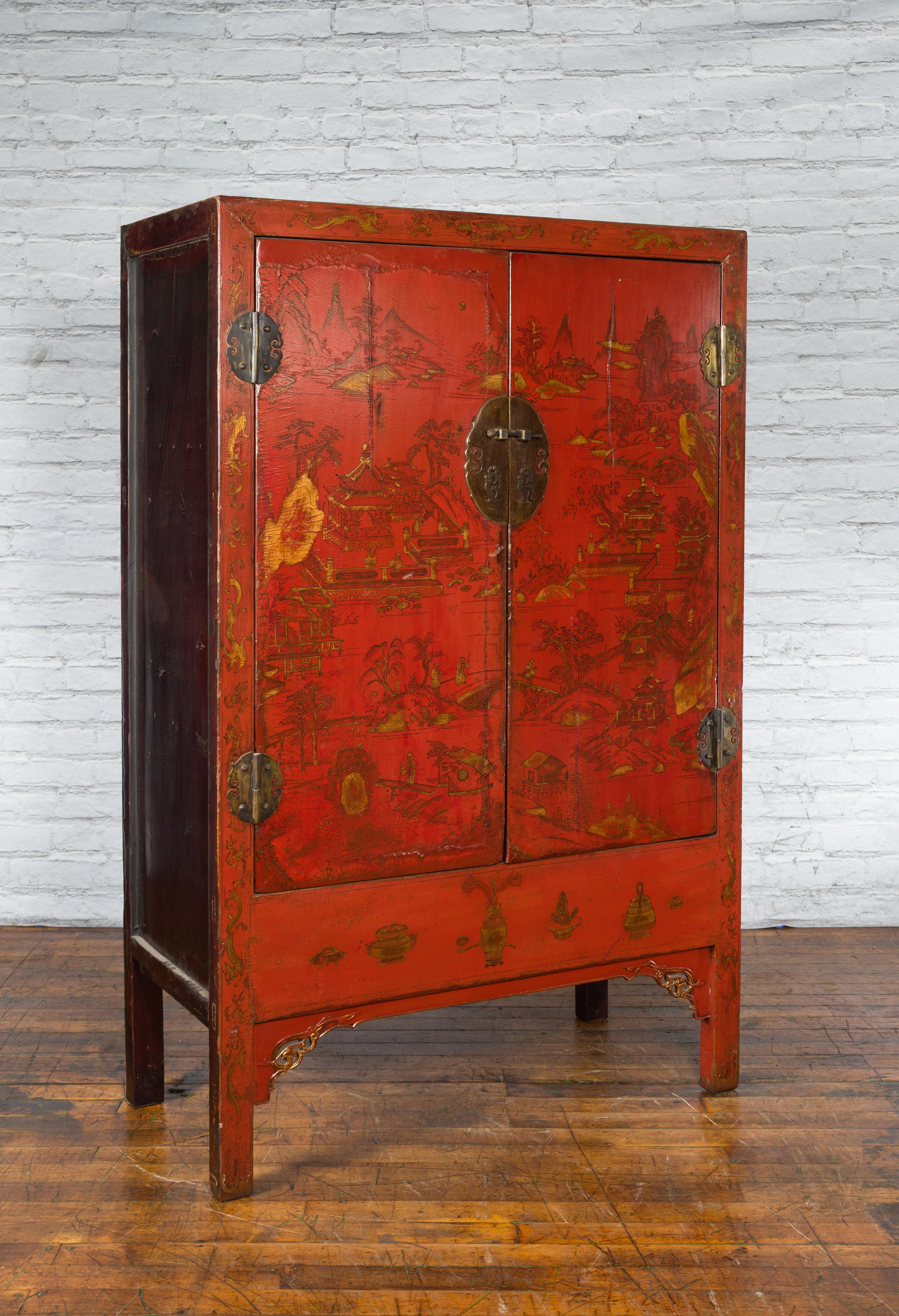 Gilt Chinese Qing Dynasty 19th Century Hand-Painted Cabinet with Original Red Lacquer For Sale