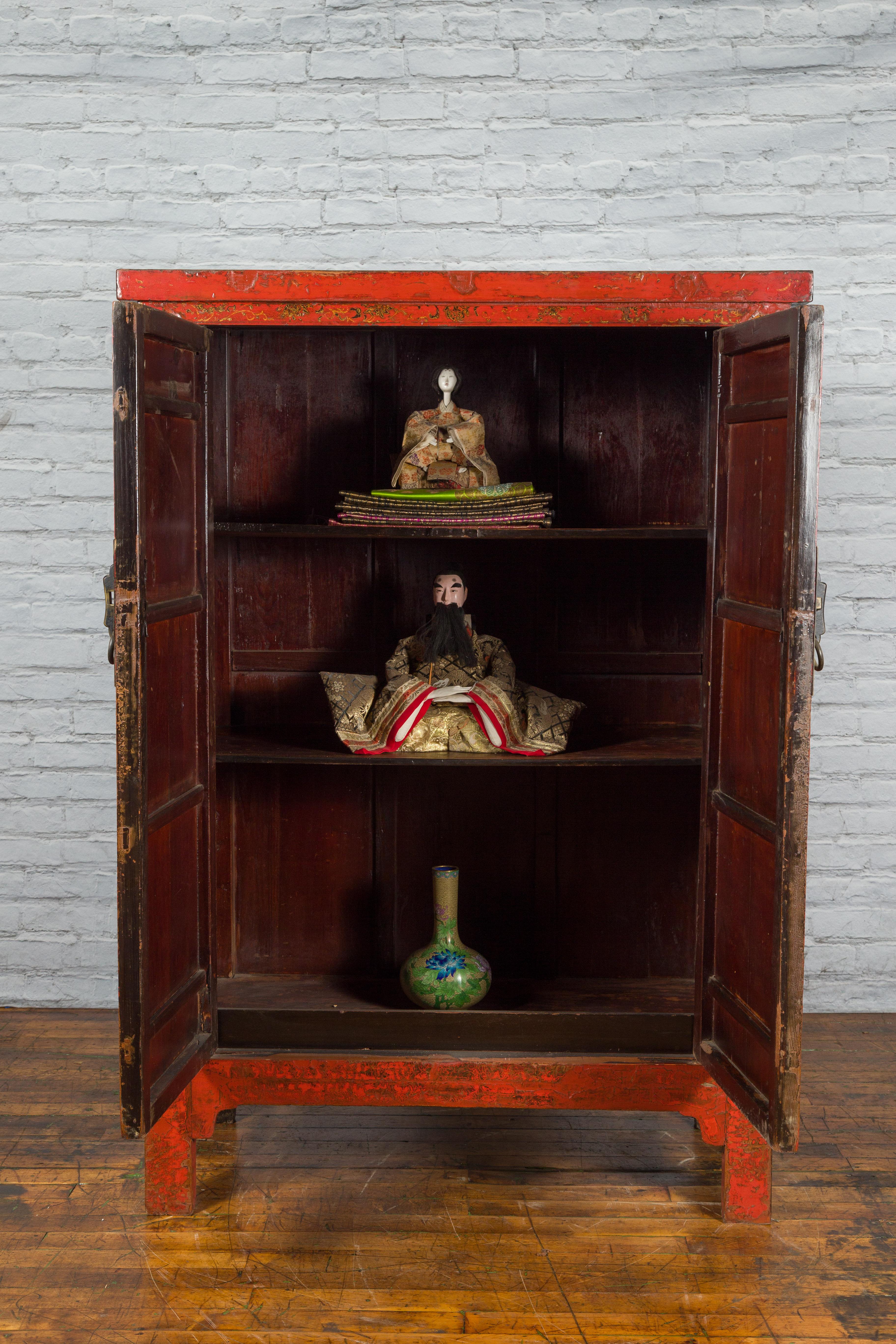 Chinese Qing Dynasty 19th Century Hand-Painted Cabinet with Original Red Lacquer In Good Condition In Yonkers, NY