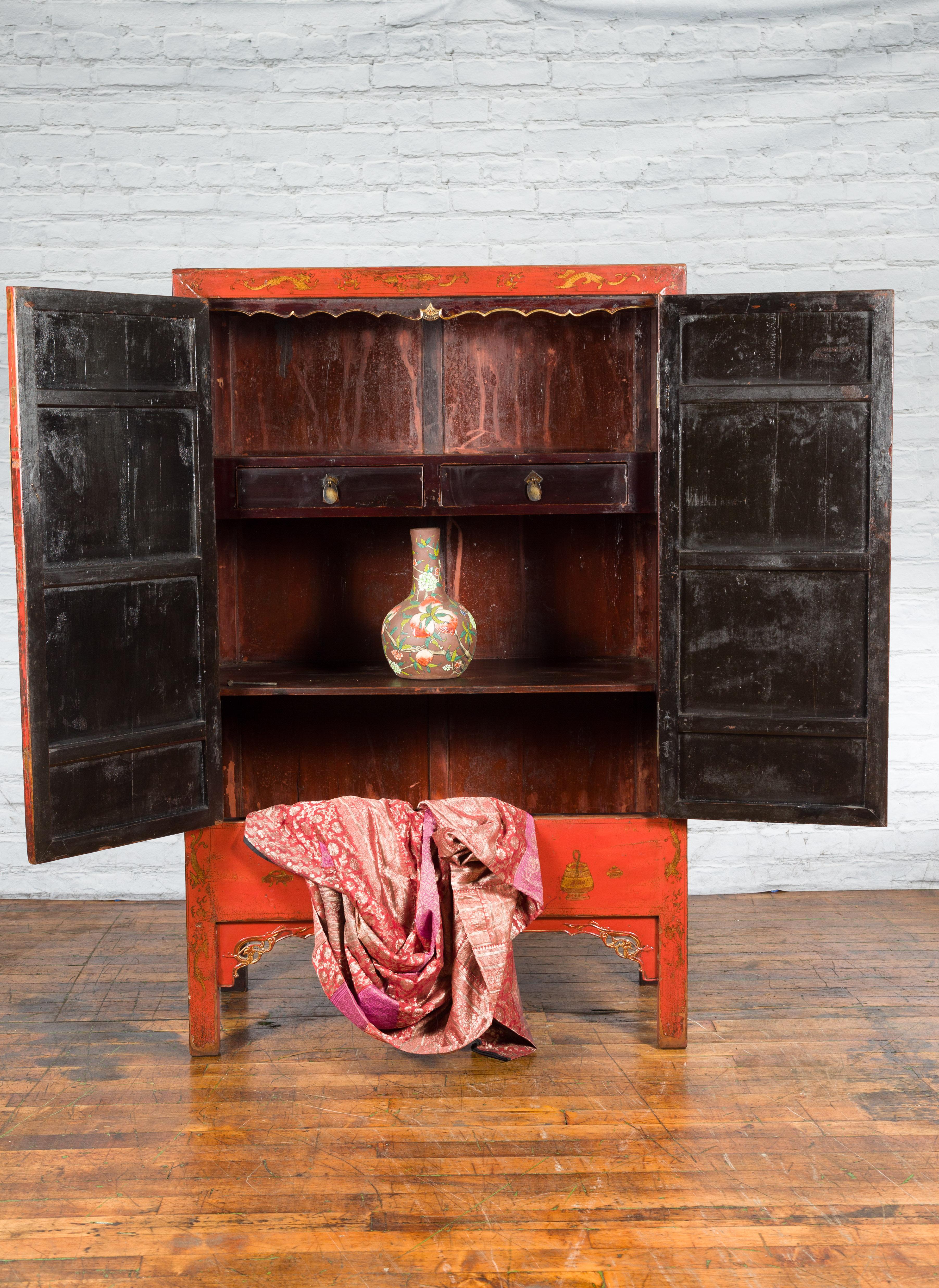 Chinese Qing Dynasty 19th Century Hand-Painted Cabinet with Original Red Lacquer In Good Condition For Sale In Yonkers, NY