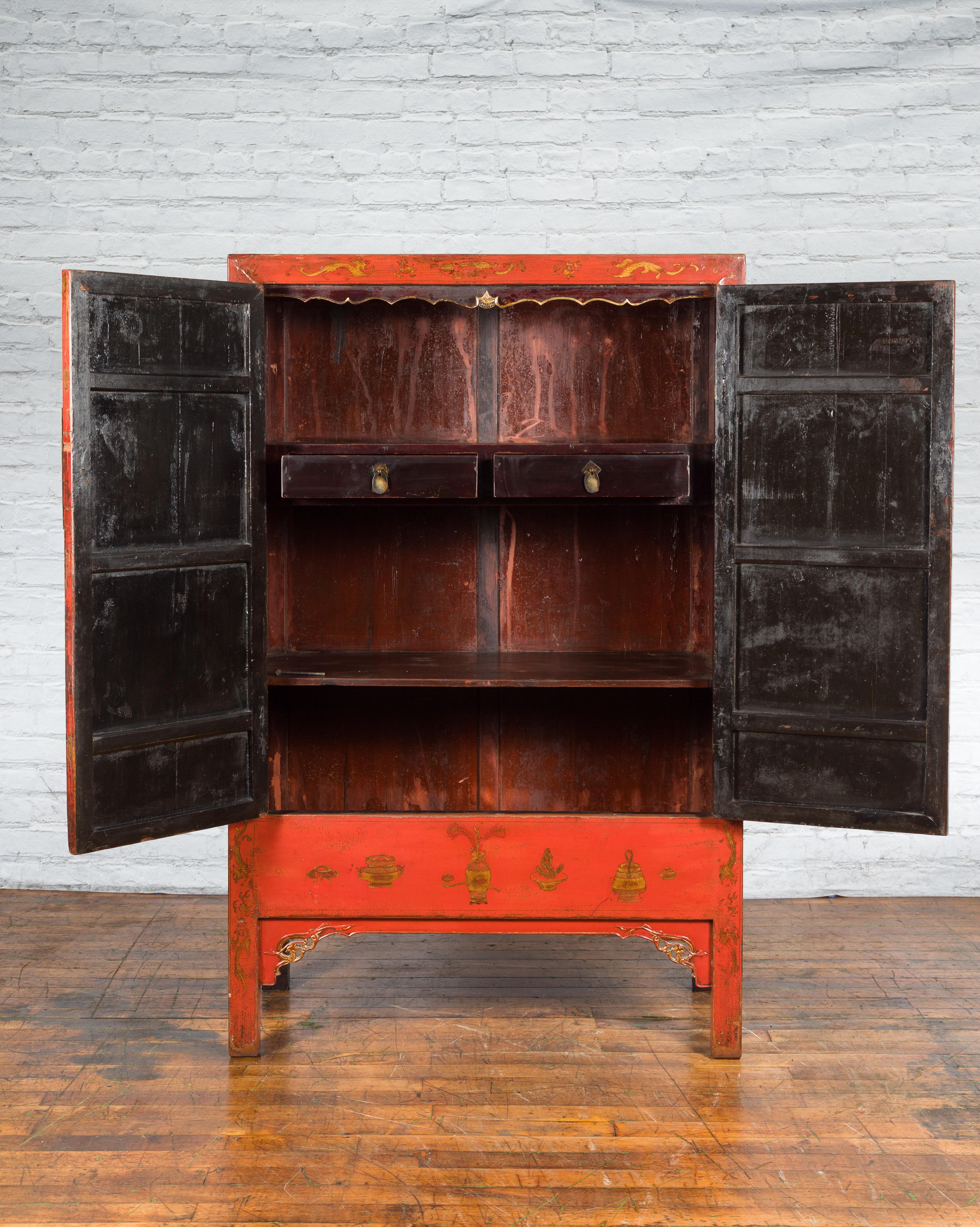 Wood Chinese Qing Dynasty 19th Century Hand-Painted Cabinet with Original Red Lacquer For Sale
