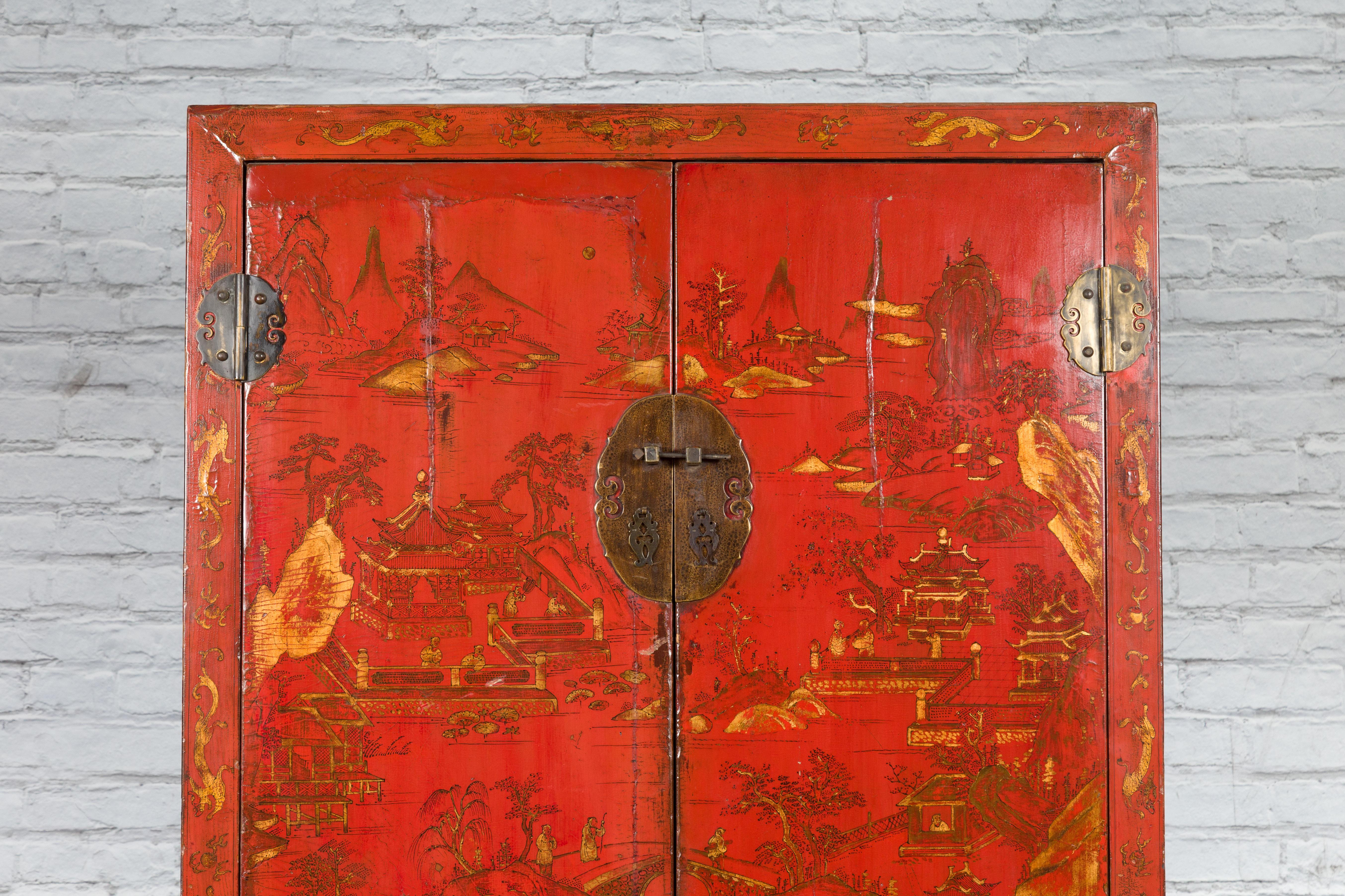 Chinese Qing Dynasty 19th Century Hand-Painted Cabinet with Original Red Lacquer For Sale 1