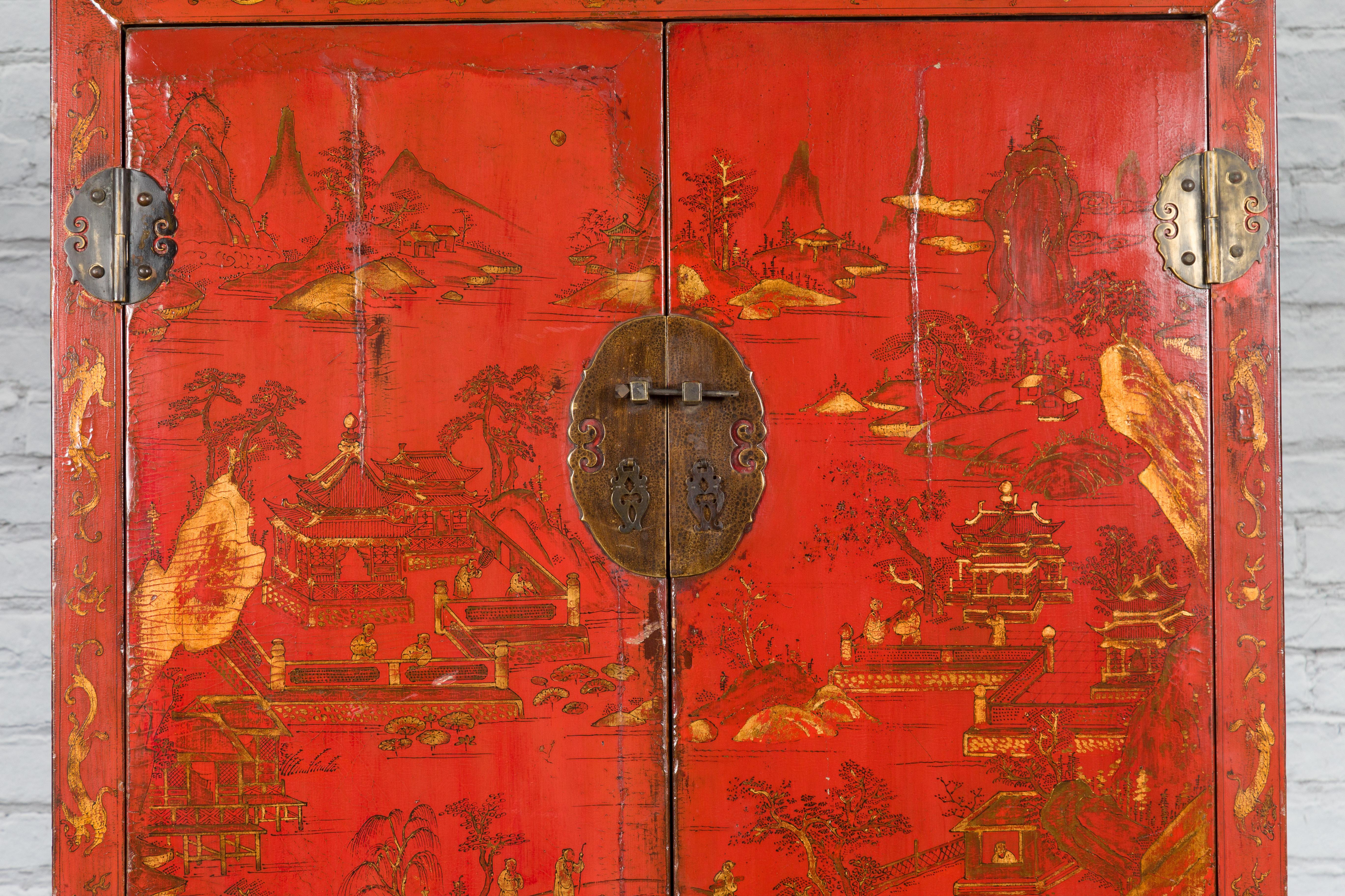 Bois Cabinet peint à la main de la dynastie chinoise Qing du 19ème siècle avec laque rouge d'origine en vente