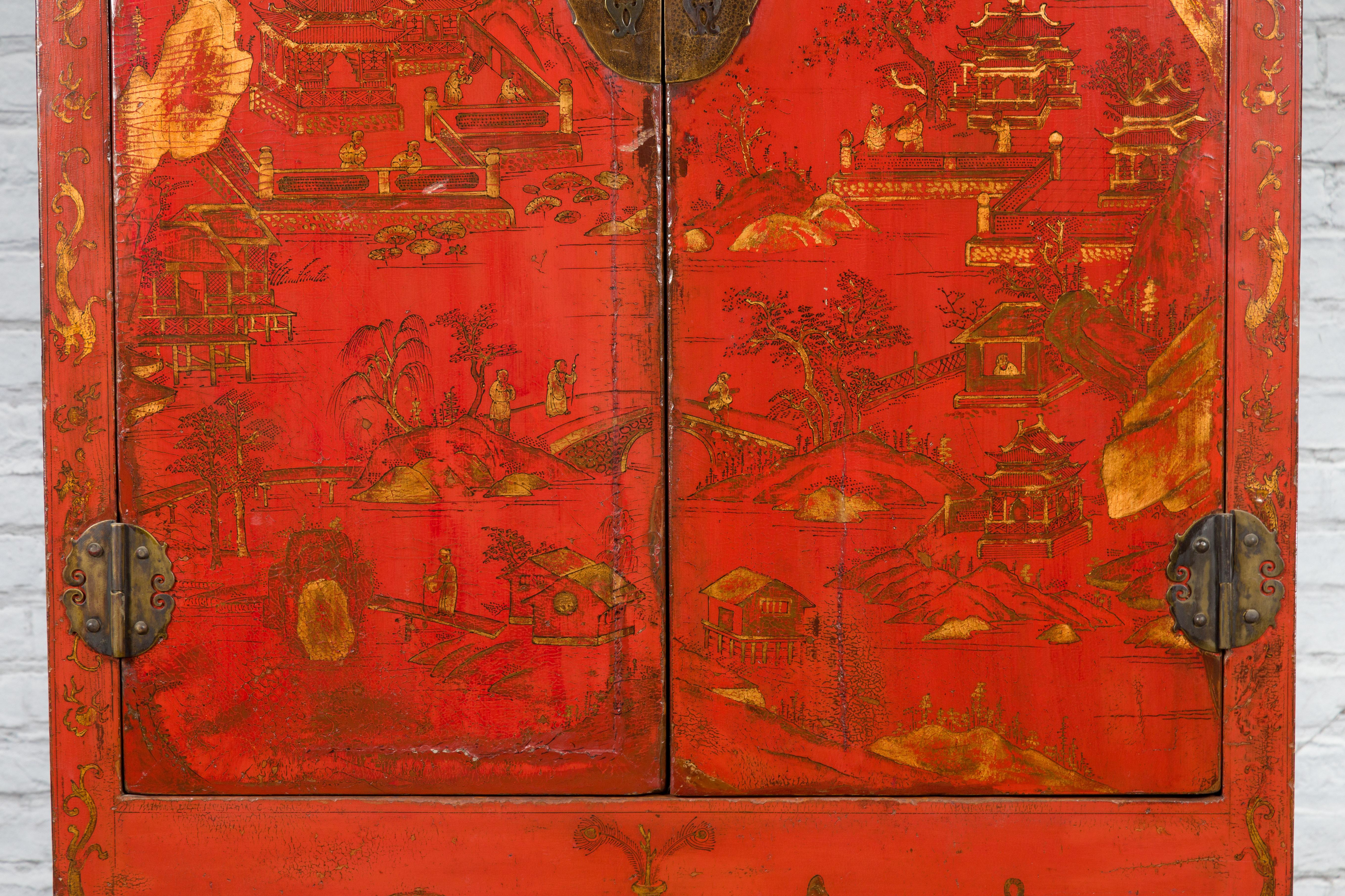 Chinesische Qing-Dynastie 19. Jahrhundert handbemaltes Kabinett mit original rotem Lack im Angebot 3