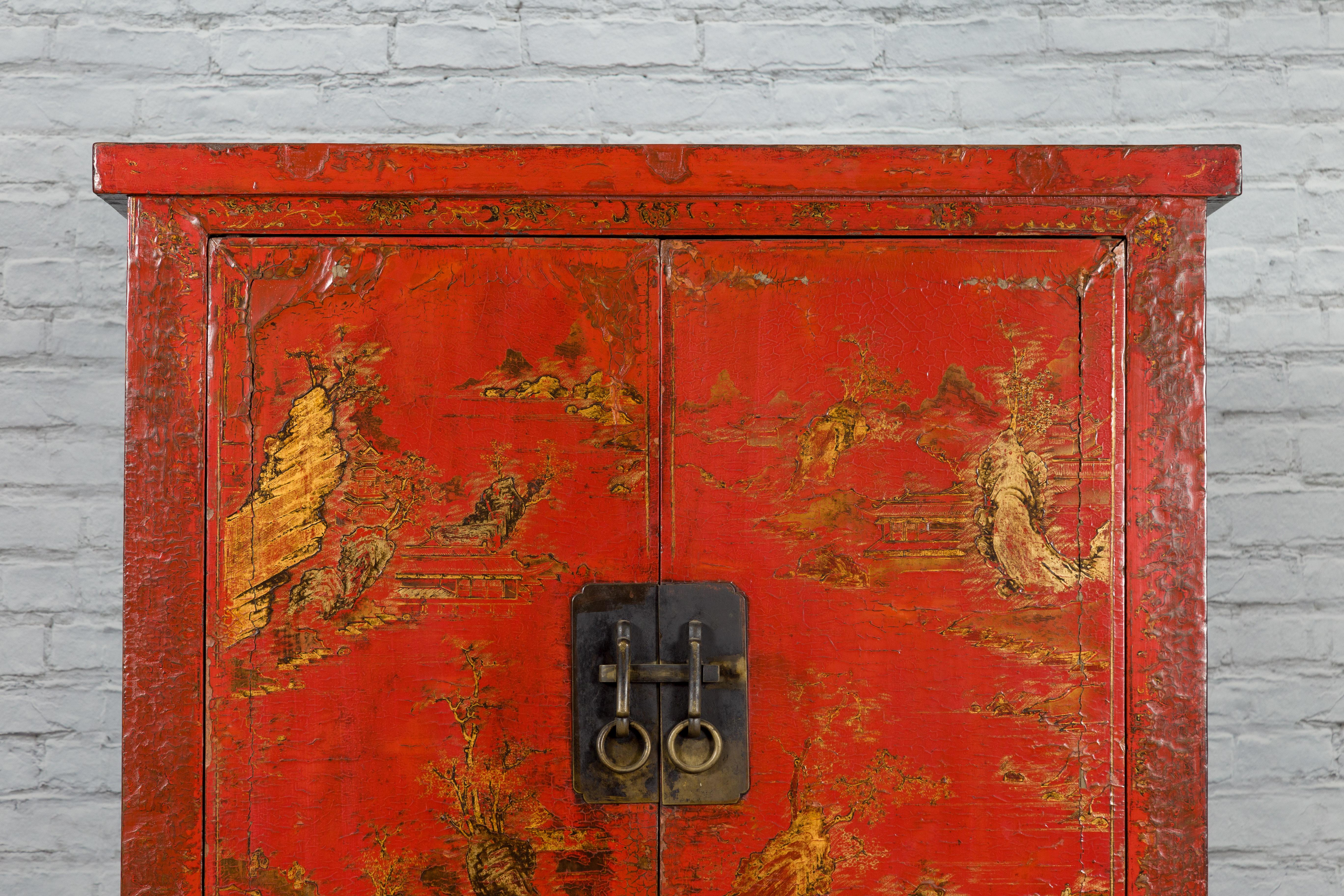 Chinese Qing Dynasty 19th Century Hand-Painted Cabinet with Original Red Lacquer 4