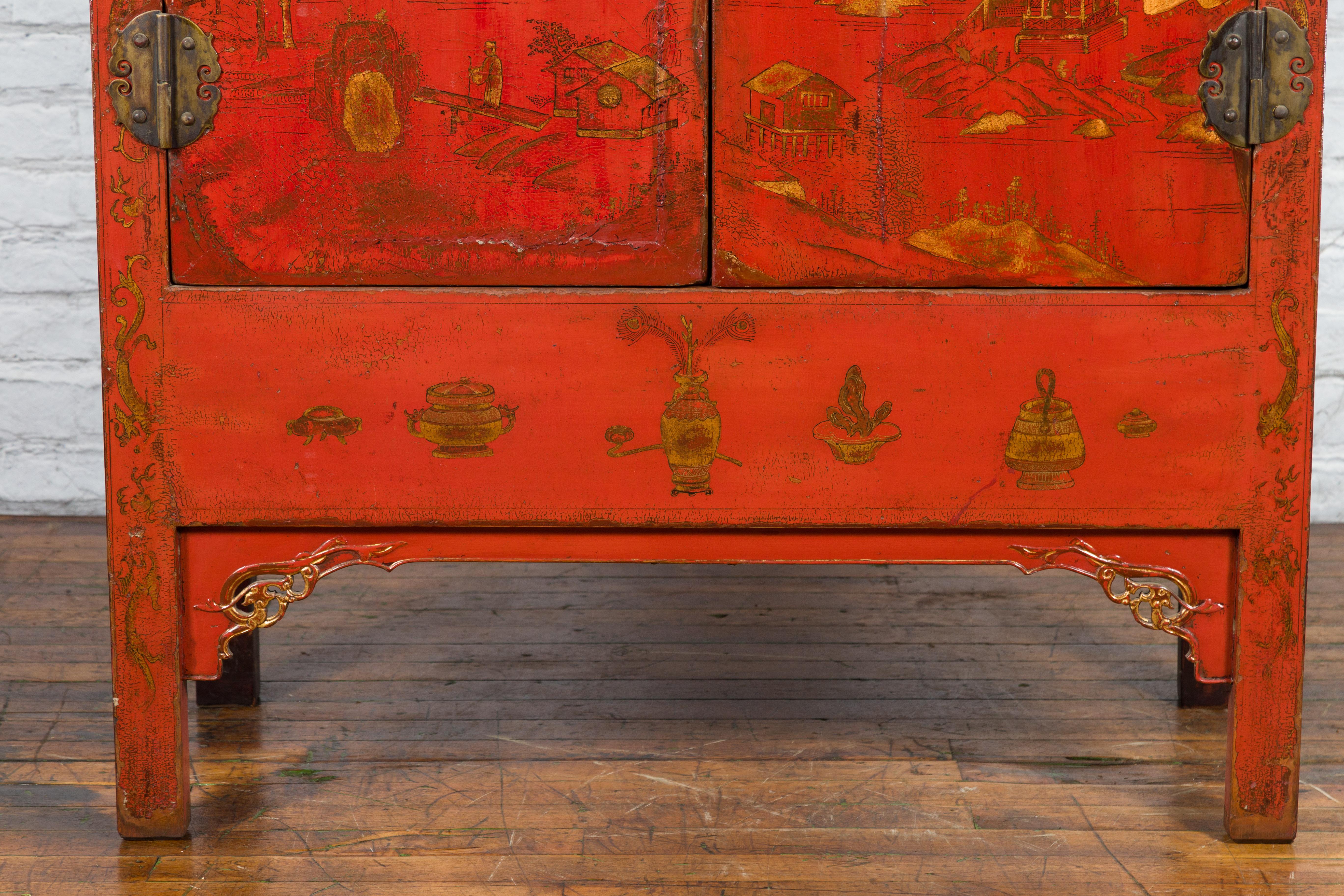Chinese Qing Dynasty 19th Century Hand-Painted Cabinet with Original Red Lacquer For Sale 4